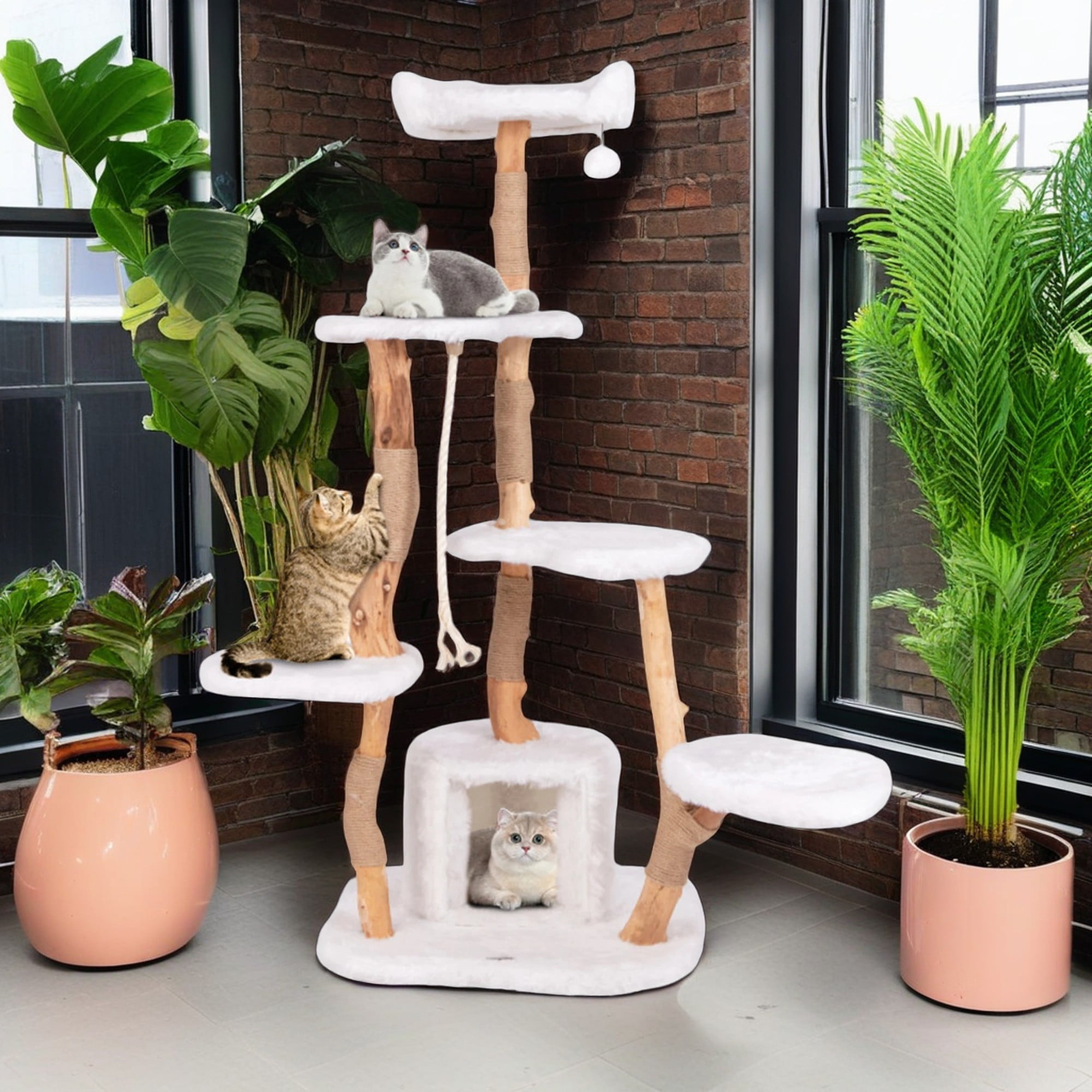 resenkos 66" Modern Cat Tree Tower for Indoor Cats with Perch, Cat Condo, Solid Wood Cat Tree House with Scratching Posts for Large Cats, White