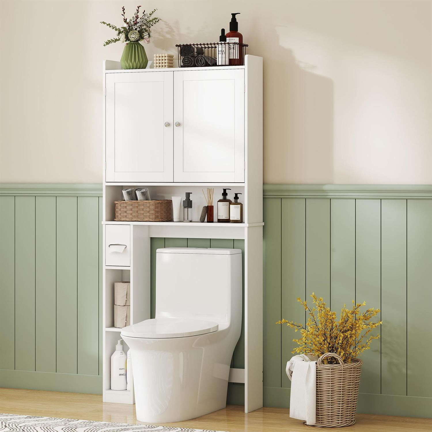 Demi Bonn 66" Modern Over Toilet Storage Cabinet, 2 Doors Commode Storage with Toilet Paper Holder for Compact Bathrooms, White