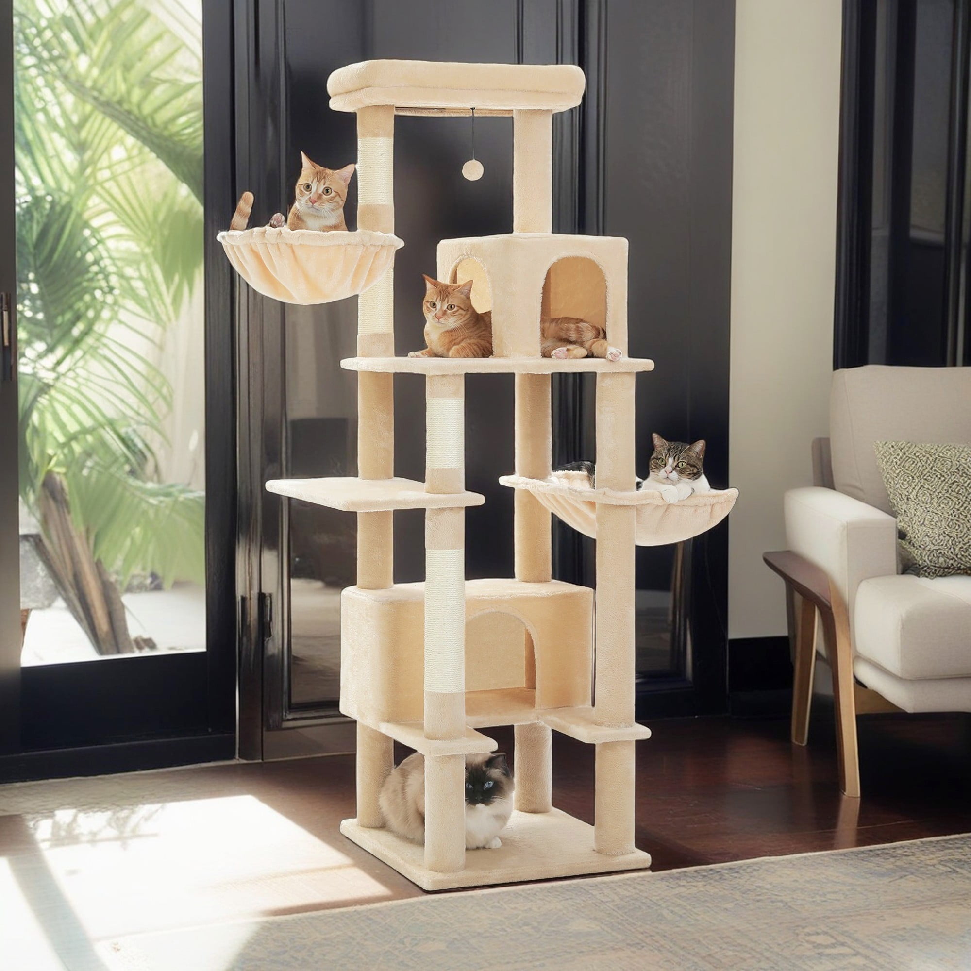 Kadyn 66" Multi-Level Cat Tree Tower for Indoor with Sisal-Covered Scratching Posts, Cat Condo with Hammock and Deluxe Perch, Beige