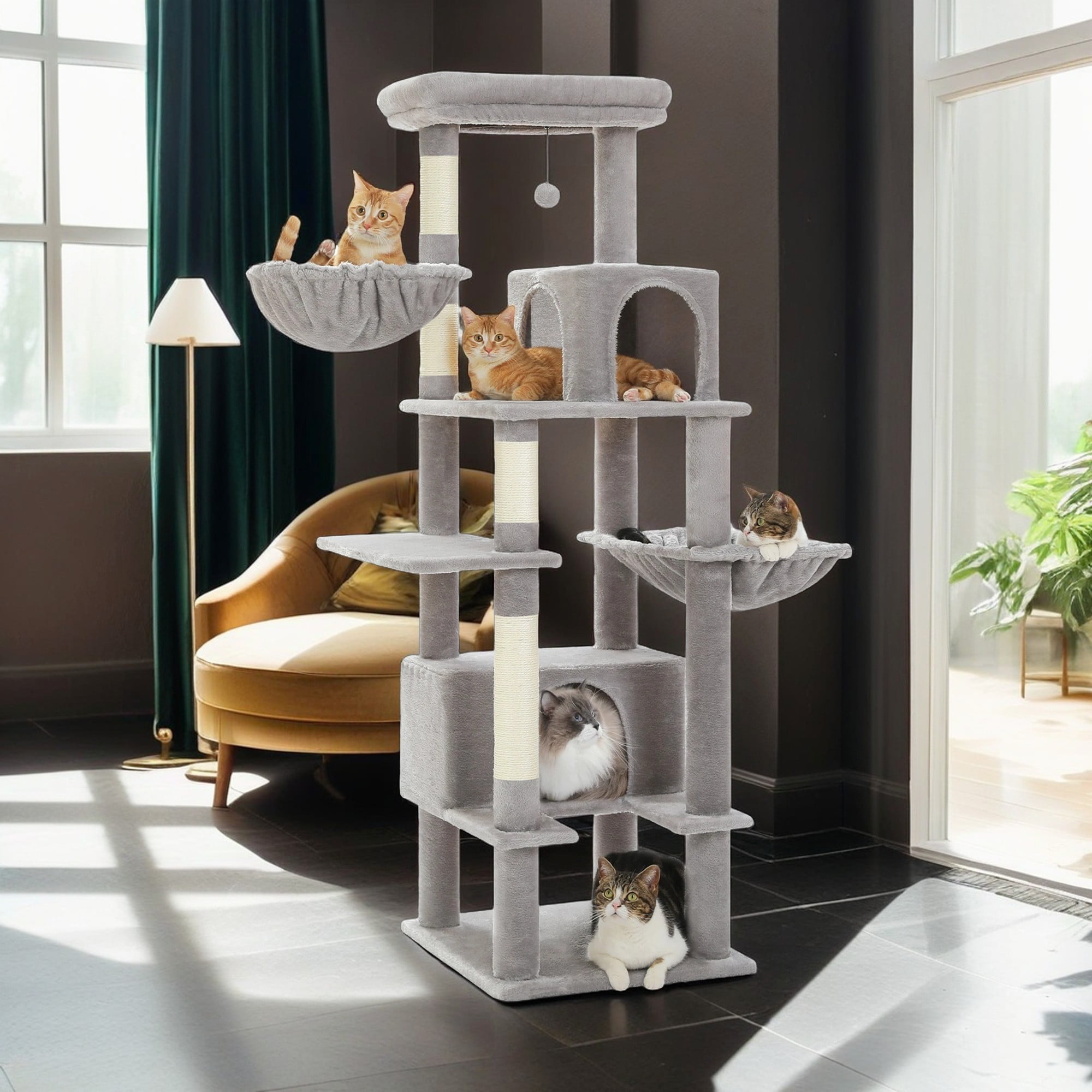 resenkos 66" Multi-Level Cat Tree Tower for Indoor with Sisal-Covered Scratching Posts, Cat Condo with Hammock and Deluxe Perch, Gray