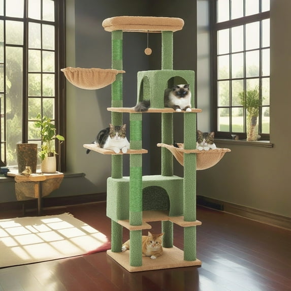 Demi Bonn 66" Multi-Level Cat Tree Tower for Indoor with Sisal-Covered Scratching Posts, Cat Condo with Hammock and Deluxe Perch, Green