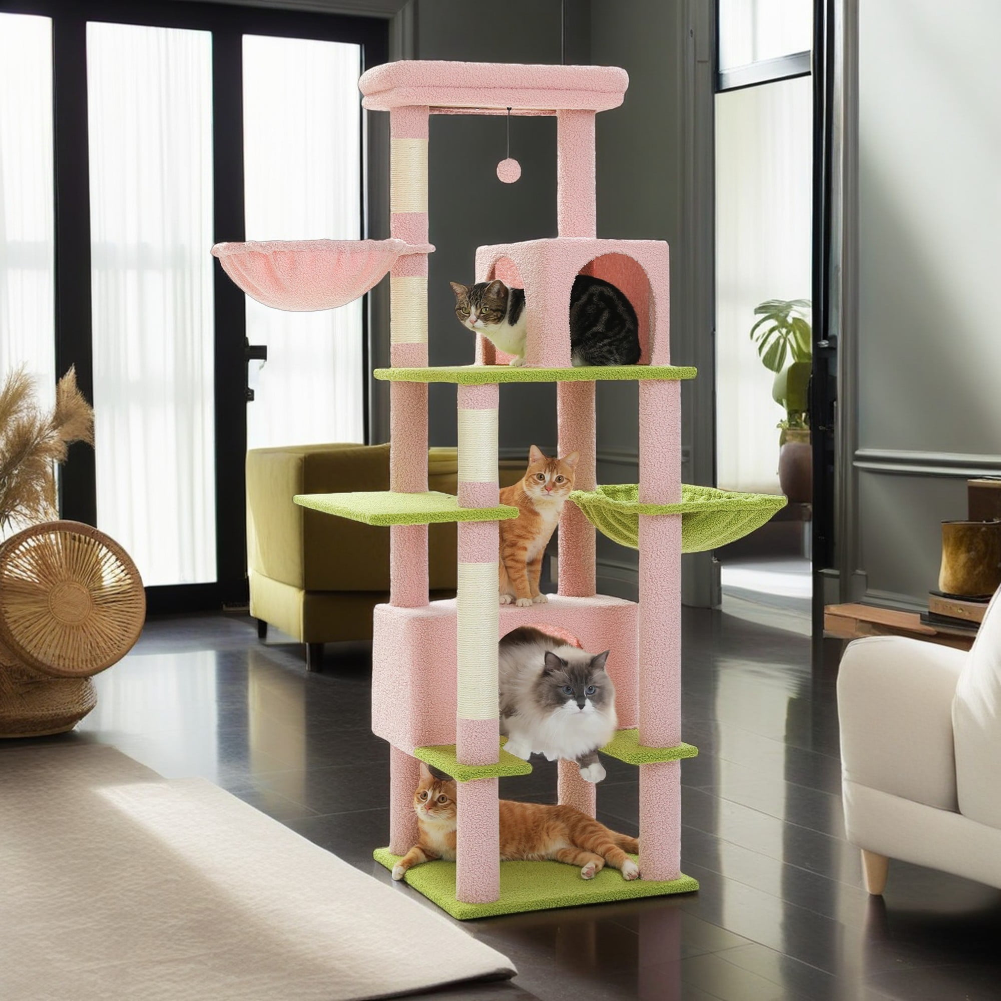 resenkos 66" Multi-Level Cat Tree Tower for Indoor with Sisal-Covered Scratching Posts, Cat Condo with Hammock and Deluxe Perch, Pink