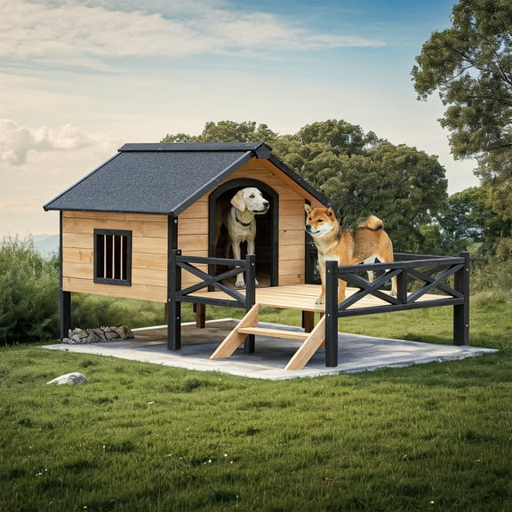 Demi Bonn 66" Outdoor Dog House for Small and Medium Dogs, Large Wood Dog Kennel with Porch, Cabin House Style Pet Houses for Cats, Beige