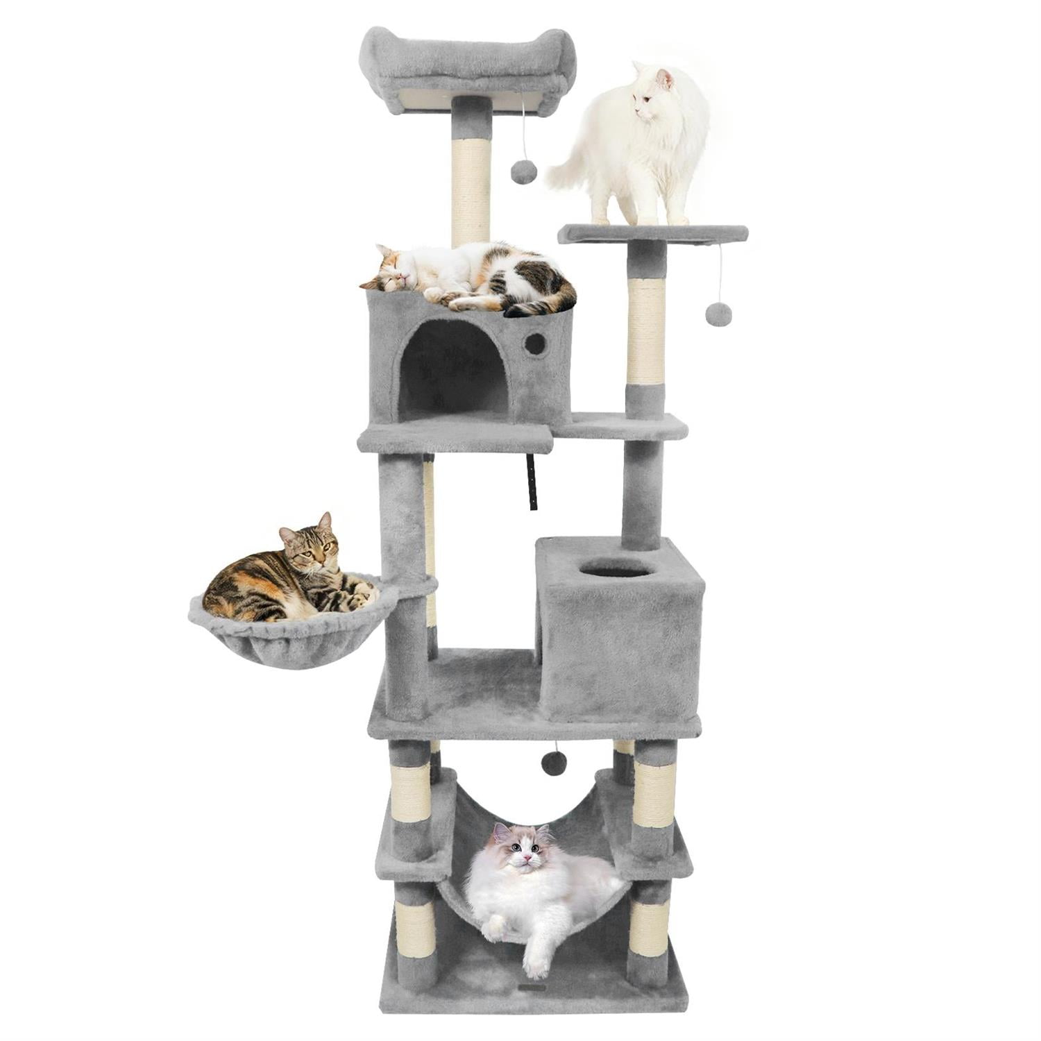 Pefilos 66" Tall Multi-Level Cat Tree, 2 Condos & Sisal Scratching Posts, Dangling Balls & Anti-Toppling, Light Gray