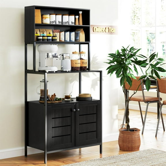 Demi Bonn 67" Baker's Rack with Power Outlet and Storage Shelves, Microwave Stand with Louvred Door Cabinets for Home, Dining Room, Black