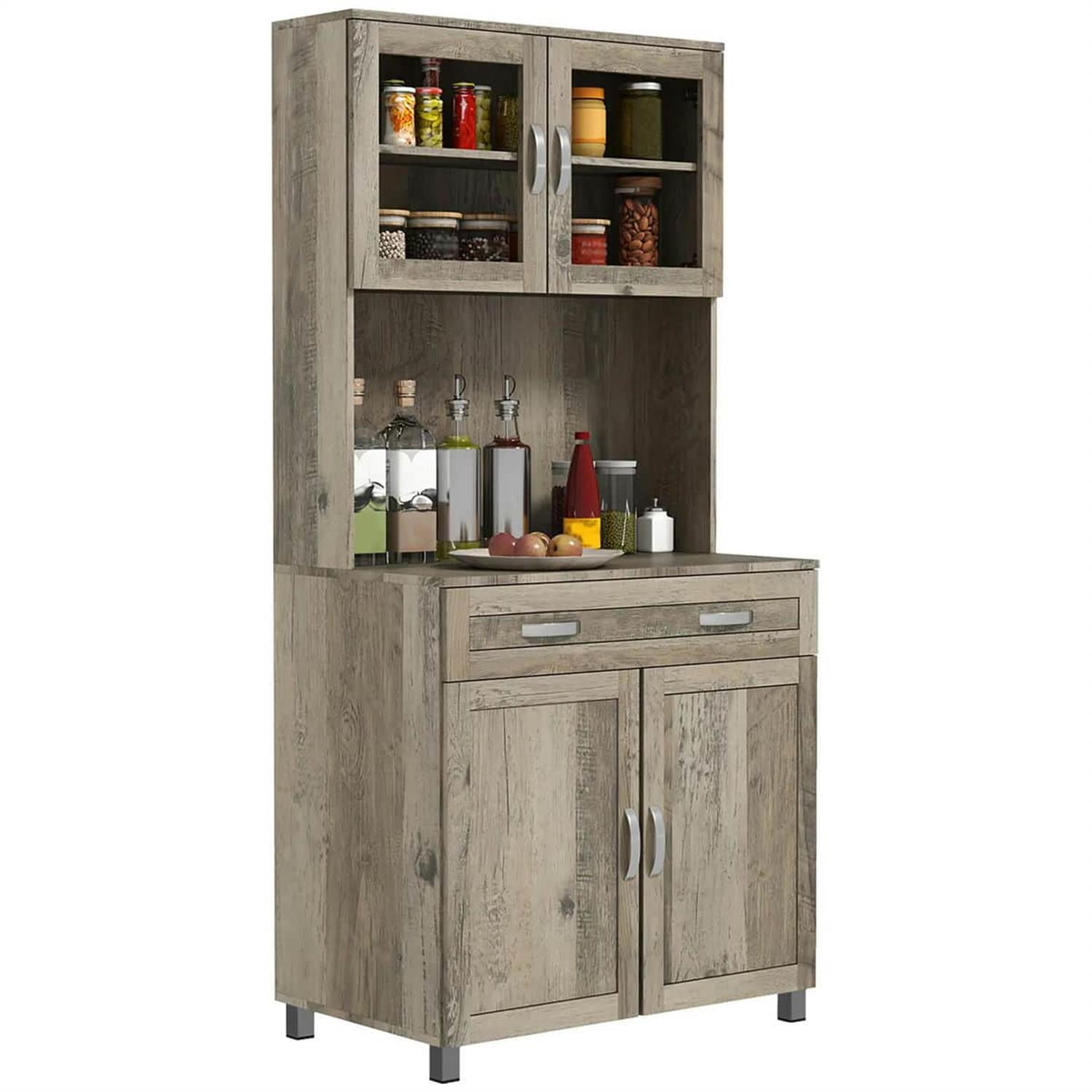 Demi Bonn 67" Buffet Hutch, Modern Kitchen Storage Cabinet, Freestanding Glass Door Pantry, Shelves & Drawers for Home Decor, Gray