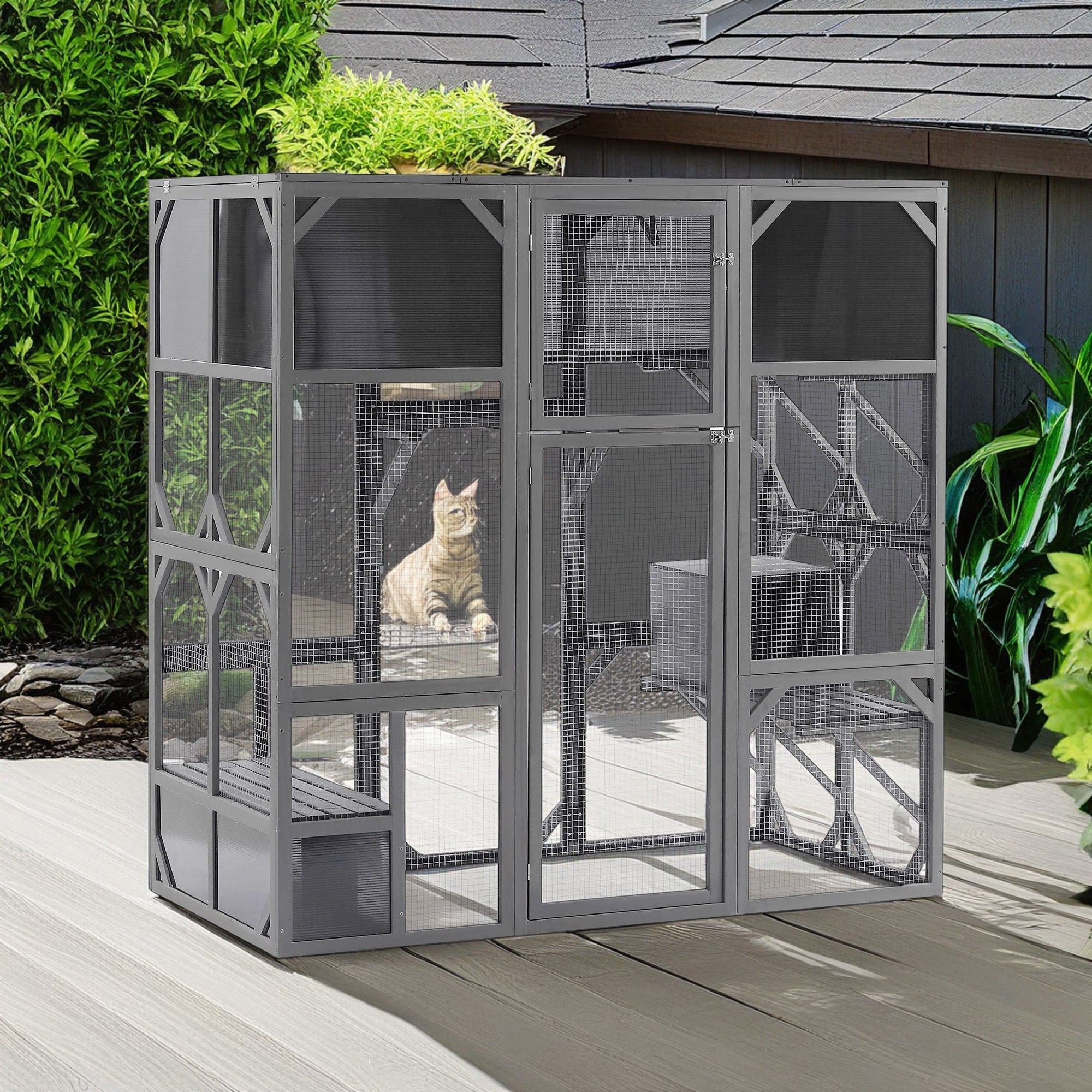 Demi Bonn 67" Cat House Outdoor Catio Kitty Enclosure with Enter Door, Wood Cat Cage Condo Indoor Playpen with Platforms and Small House, Gray