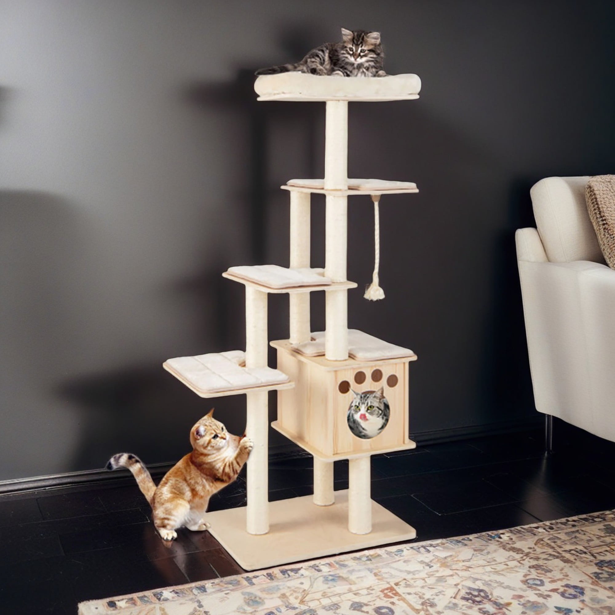 resenkos 67" Cat Tree Tower for Indoor Cats, Cat Tree House with Top Perch, Sisal Rope Scratching Posts, Beige