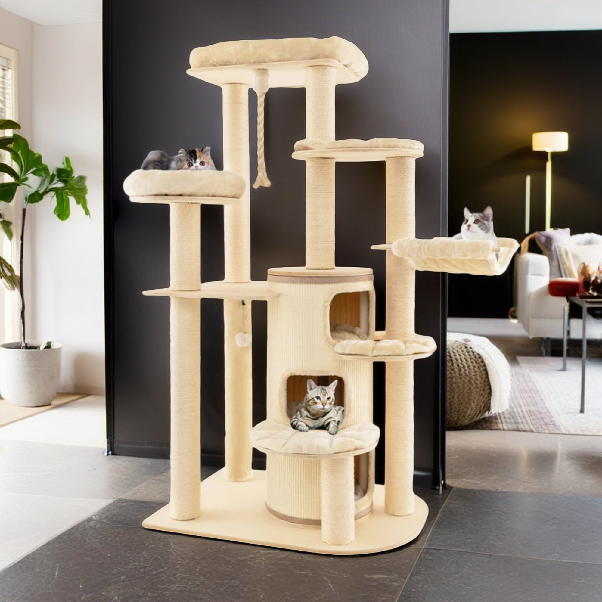 resenkos 67" Cat Tree Tower for Indoor Cats, Multi-Level Cat Tree House with 3-Story Cat Condo, Top Perch, Sisal Rope Scratching Posts, Beige