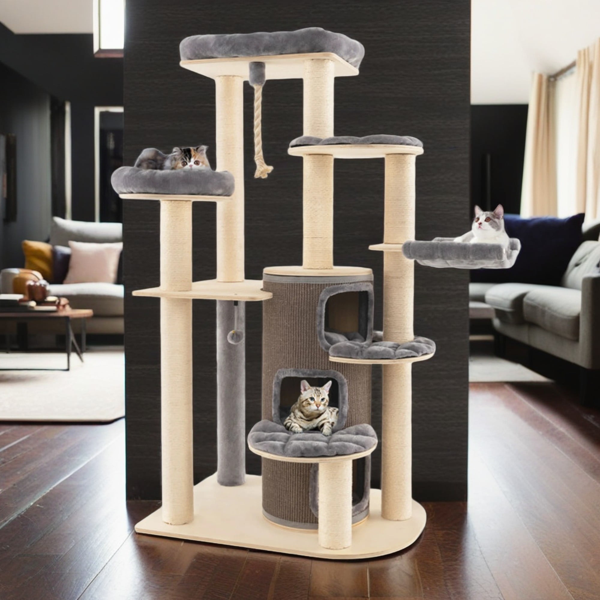 Kadyn 67" Cat Tree Tower for Indoor Cats, Multi-Level Cat Tree House with 3-Story Cat Condo, Top Perch, Sisal Rope Scratching Posts, Gray