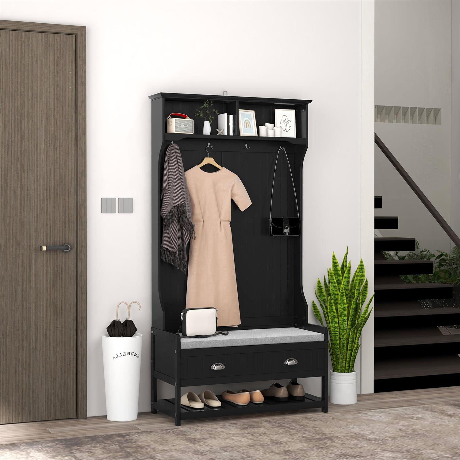 Demi Bonn 67" Hall Tree Bench with Coat Rack and Shoe Storage for Entryway and Mudroom, Padded Seat and Multi-Functional Storage for Hallway, Black