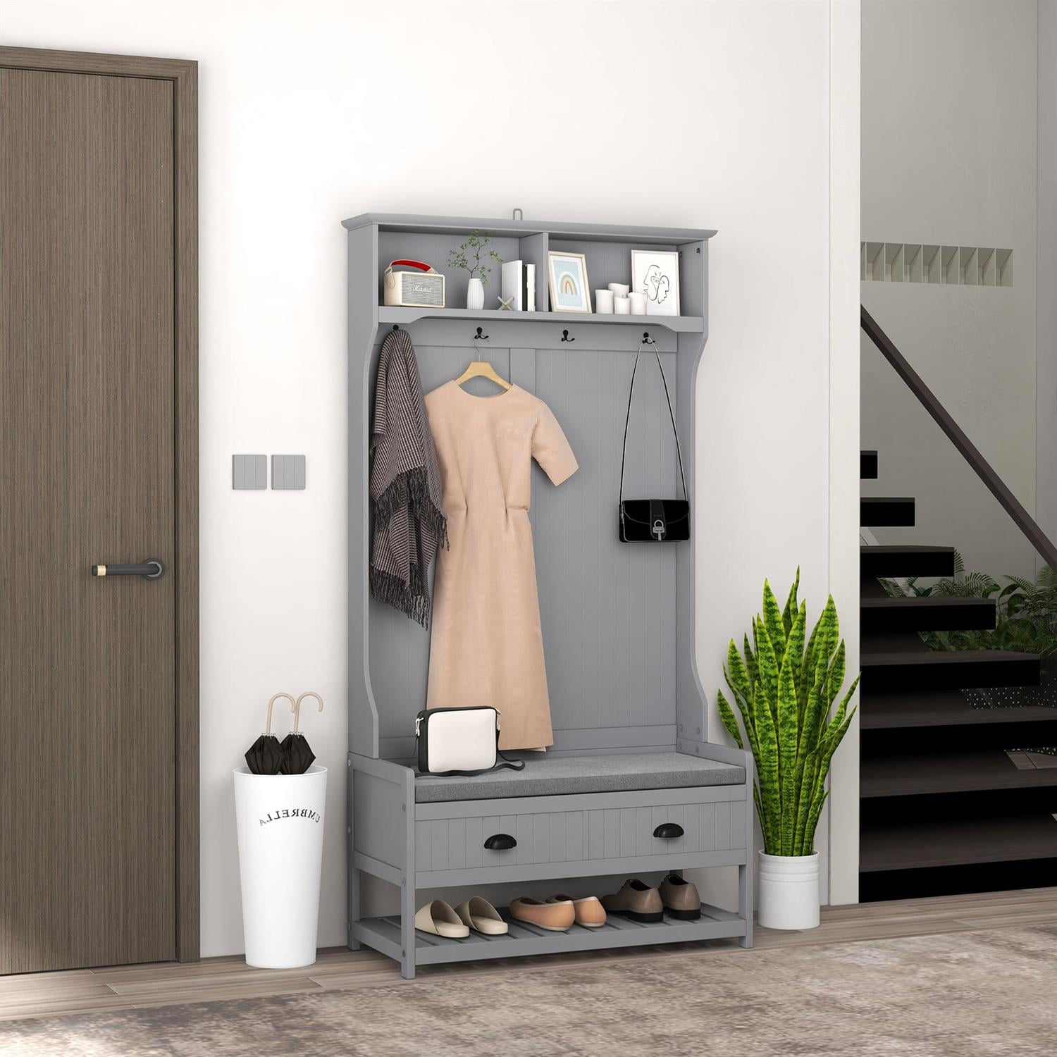 Demi Bonn 67" Hall Tree Bench with Coat Rack and Shoe Storage for Entryway and Mudroom, Padded Seat and Multi-Functional Storage for Hallway, Gray