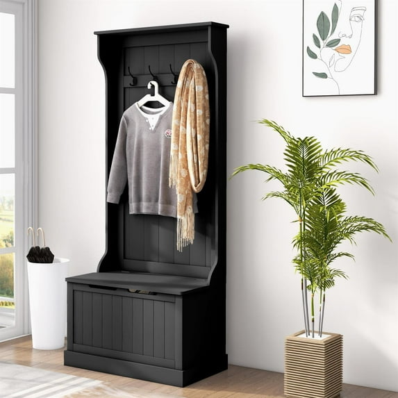 Demi Bonn 67" Hall Tree Coat Rack with Sitting Bench and Storage Hooks, Multi-Function Organizer for Home Entry, Mudroom Bench, Black