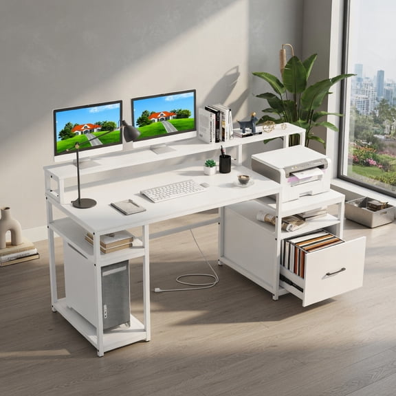 Demi Bonn 67 Inch Computer Desk, ETL Certified, Anti-Falling Drawer, with Monitor Stand & File Drawer-White