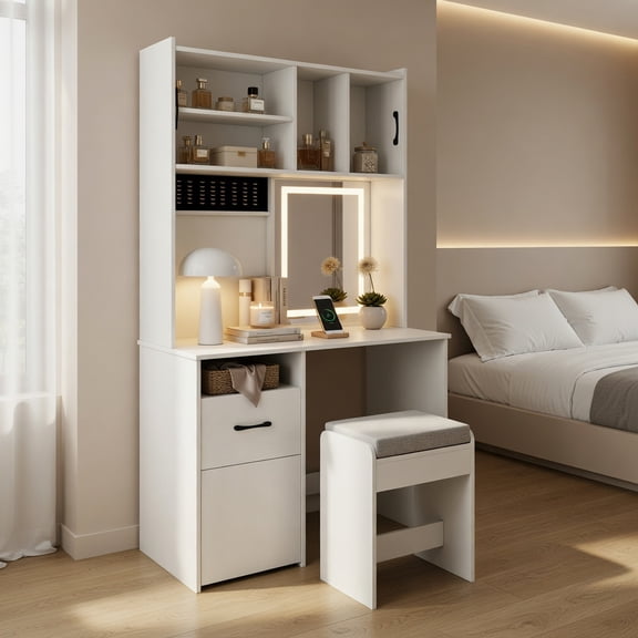 Demi Bonn 67 Inches Tall Vanity Set with Mirror, Makeup Dressing Table with Charging Station & Jewelry Storage, White