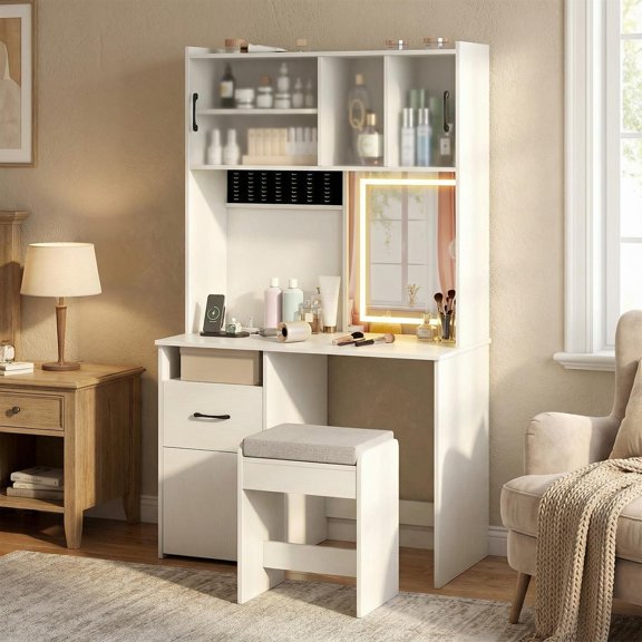 Demi Bonn 67 Inches Tall Vanity Set with Mirror, Makeup Dressing Table with Charging Station & Jewelry Storage, White