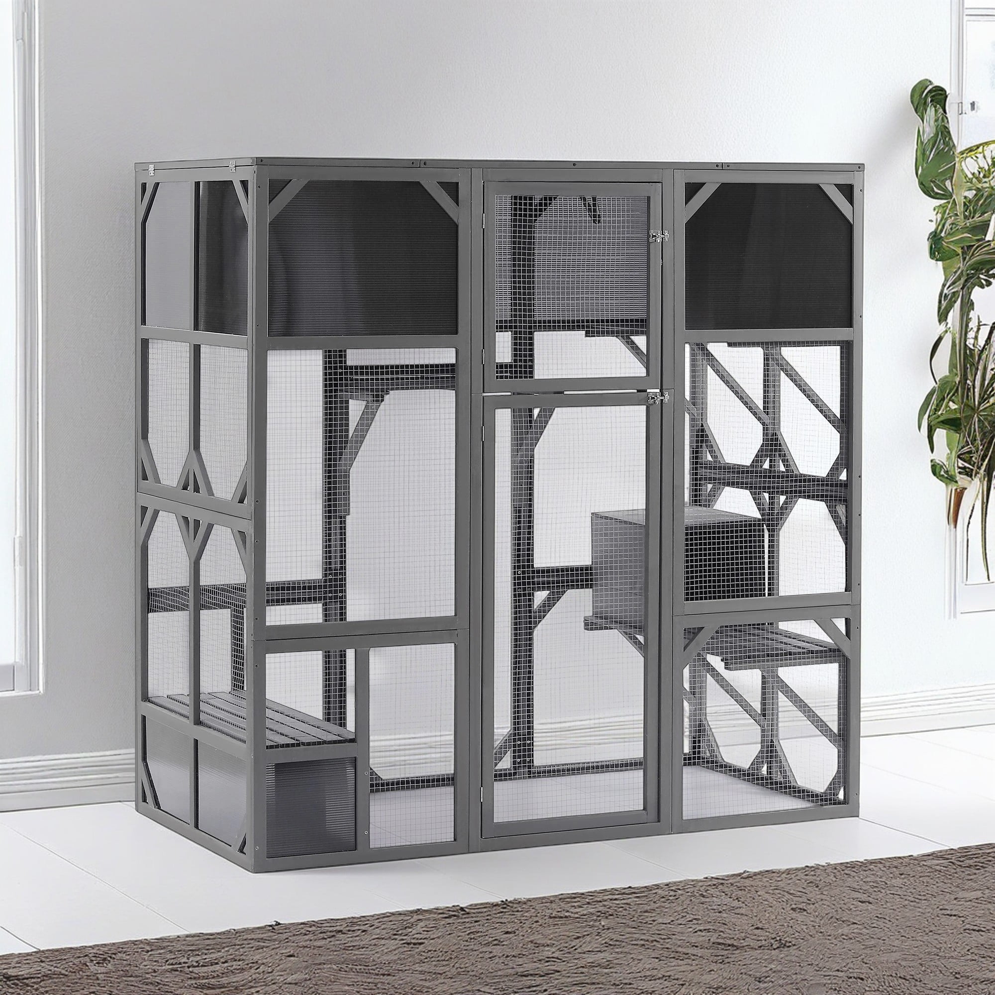 Demi Bonn 67" Large Cat House Wooden Catio Outdoor Cat Enclosure for Mulitiple Cats Walk in Cat Cage with Sunshine Board Roof, Gray