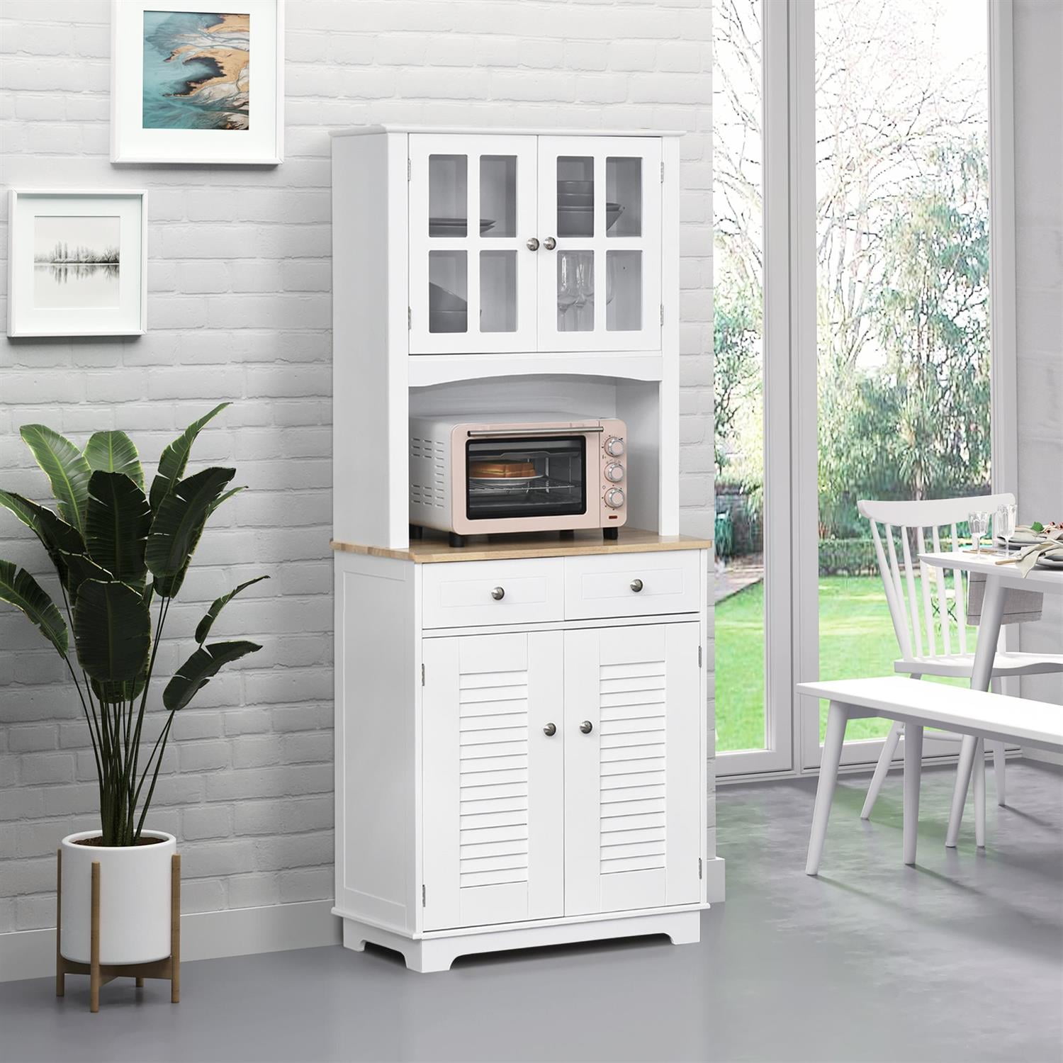 Demi Bonn 67" Modern Buffet with Hutch, Kitchen Pantry Cabinet with Glass Doors & Drawers, Microwave Cabinet, White
