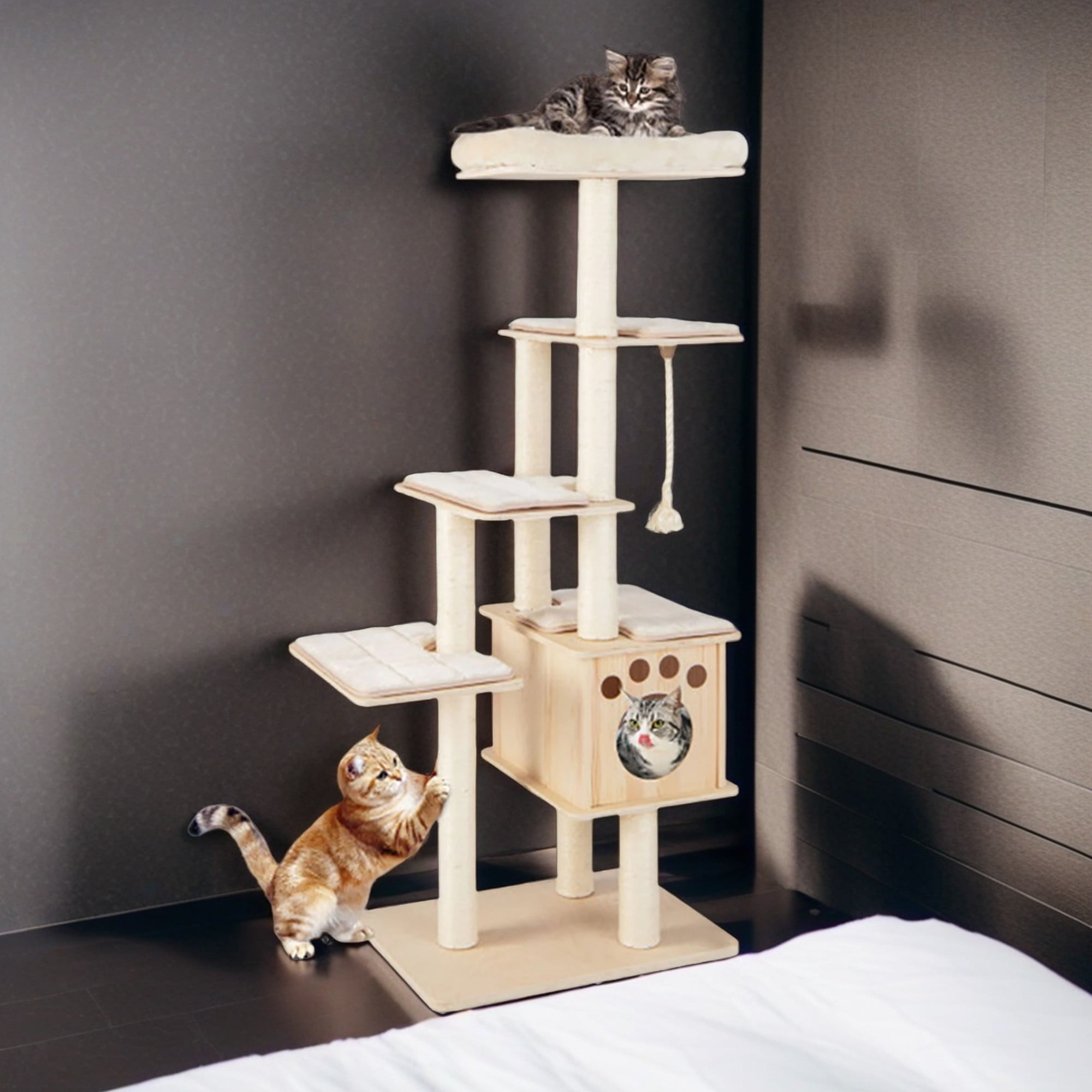 resenkos 67" Modern Cat Tree Tower for Indoor Cats, Wood Cat Condo with Scratching Post and Removable Pads for Small Large Cats, Beige