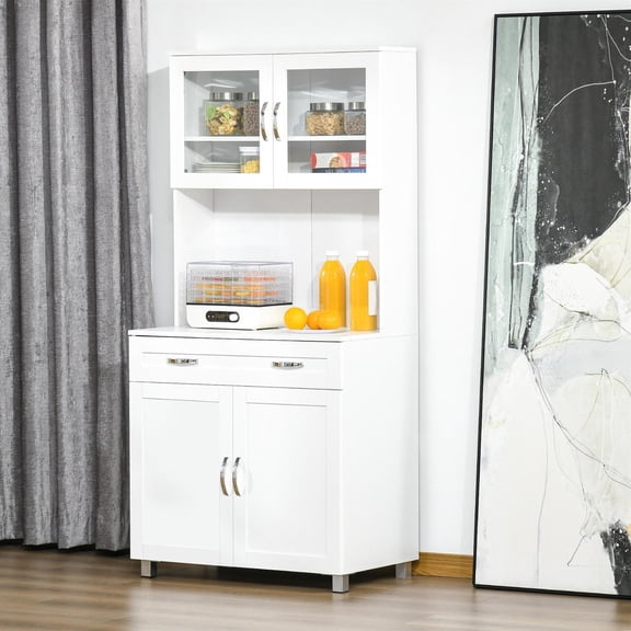 Demi Bonn 67" Modern Kitchen Storage Cabinet with Hutch and Glass Doors for Home Use, Buffet with Shelves and Drawers, Spacious Pantry, White