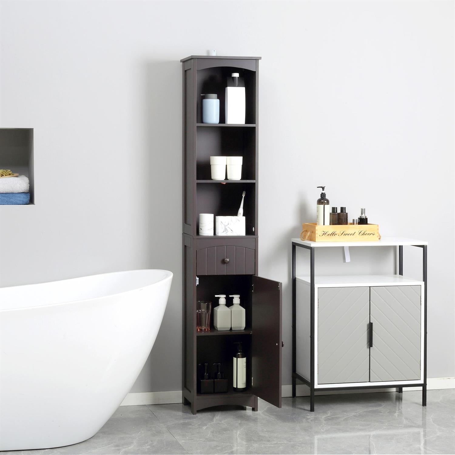 Demi Bonn 67" Tall Bathroom Storage Cabinet, Free Standing Linen Tower with 3-Tier Shelves and Drawer, Durable Wood Construction, Brown