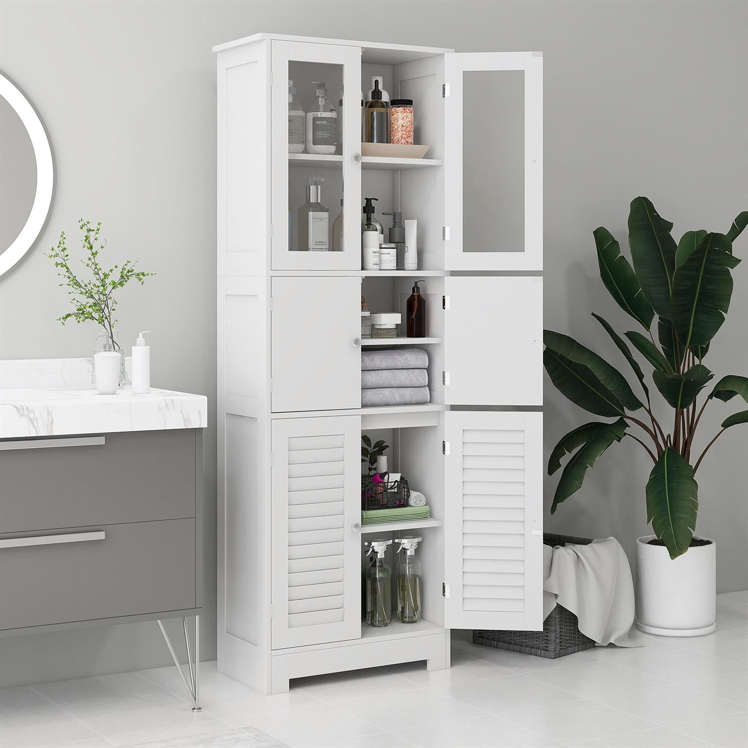 Demi Bonn 67" Tall Bathroom Storage Cabinet with Glass & Louvred Doors Adjustable Shelf Cabinet for Modern Spaces, White