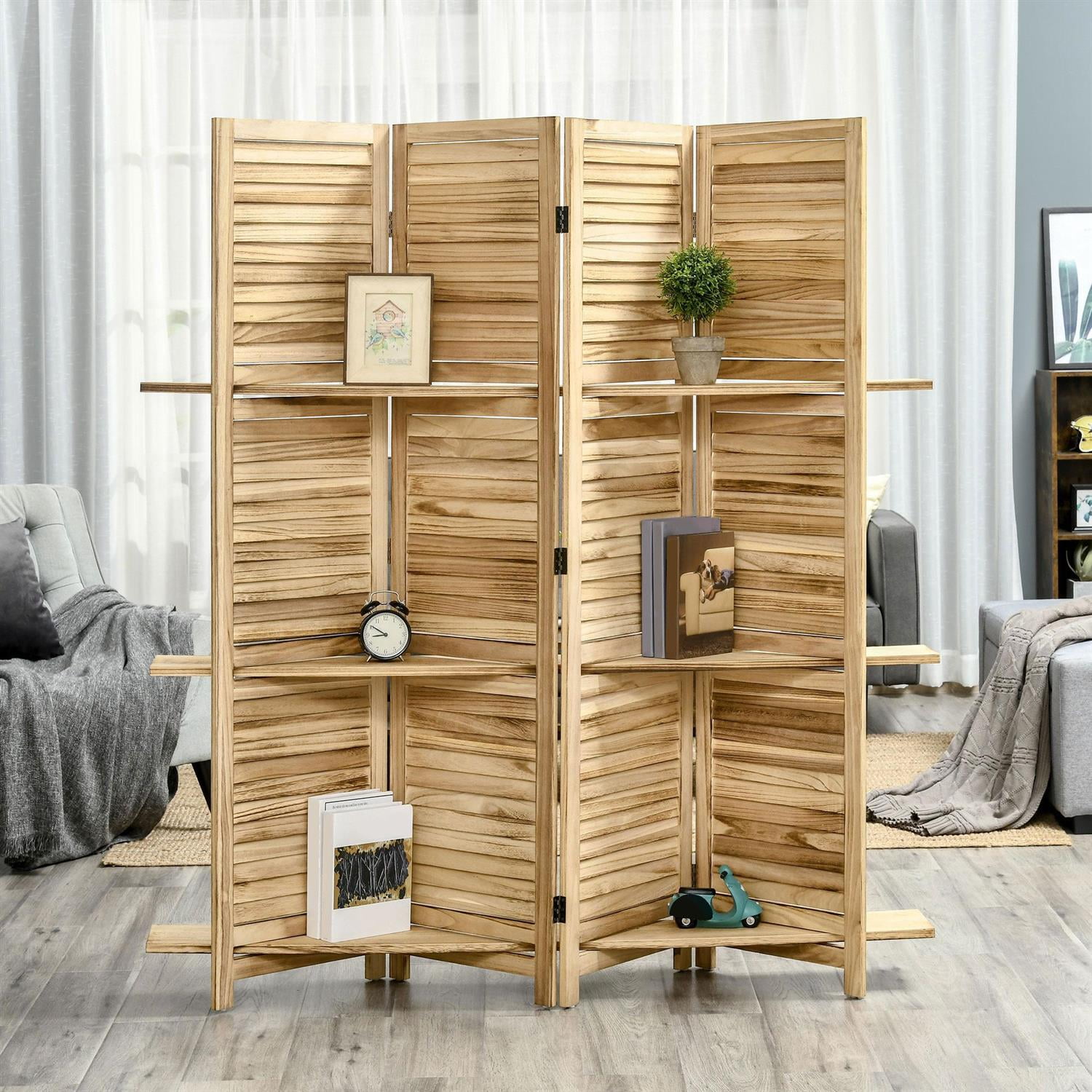Demi Bonn 67" Tall Wood Privacy Screen Room Divider with 4 Panels, 3 Shelves, Folding Storage for Bedrooms, Beige