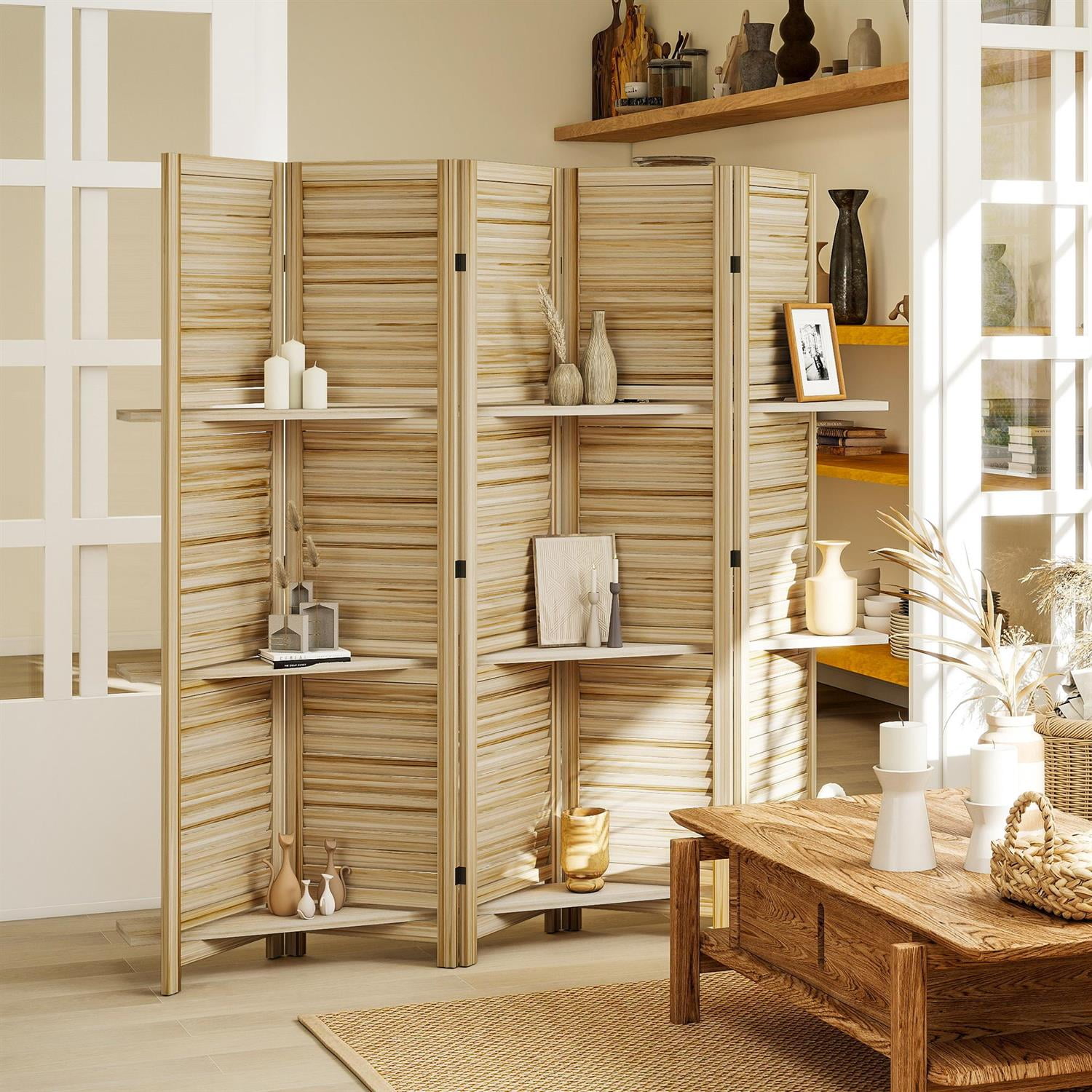 Demi Bonn 67" Tall Wood Privacy Screen Room Divider with 5 Panels, 3 Shelves, Folding Storage for Bedrooms, Beige