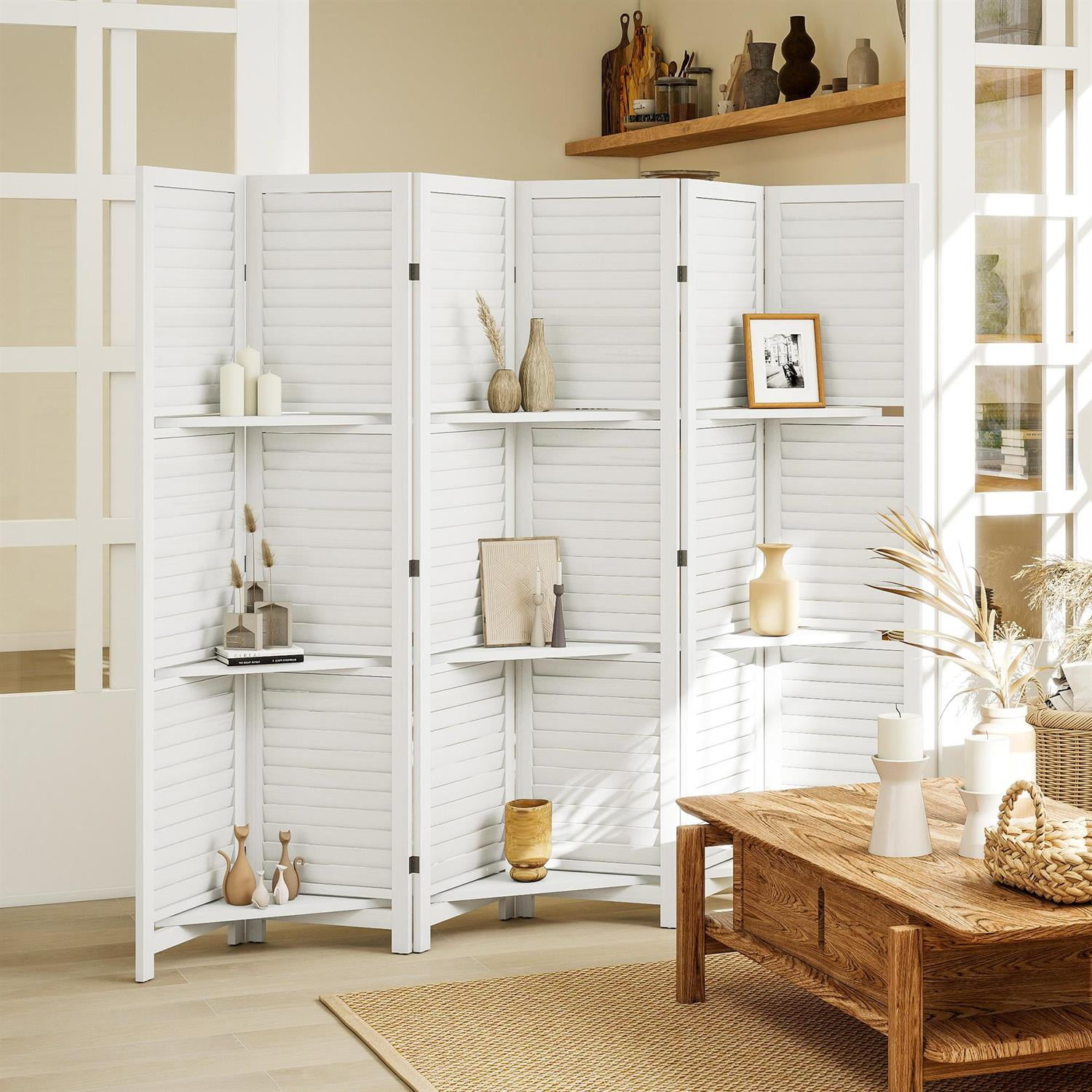 Demi Bonn 67" Tall Wood Privacy Screen Room Divider with 6 Panels, 3 Shelves, Folding Storage for Bedrooms, White
