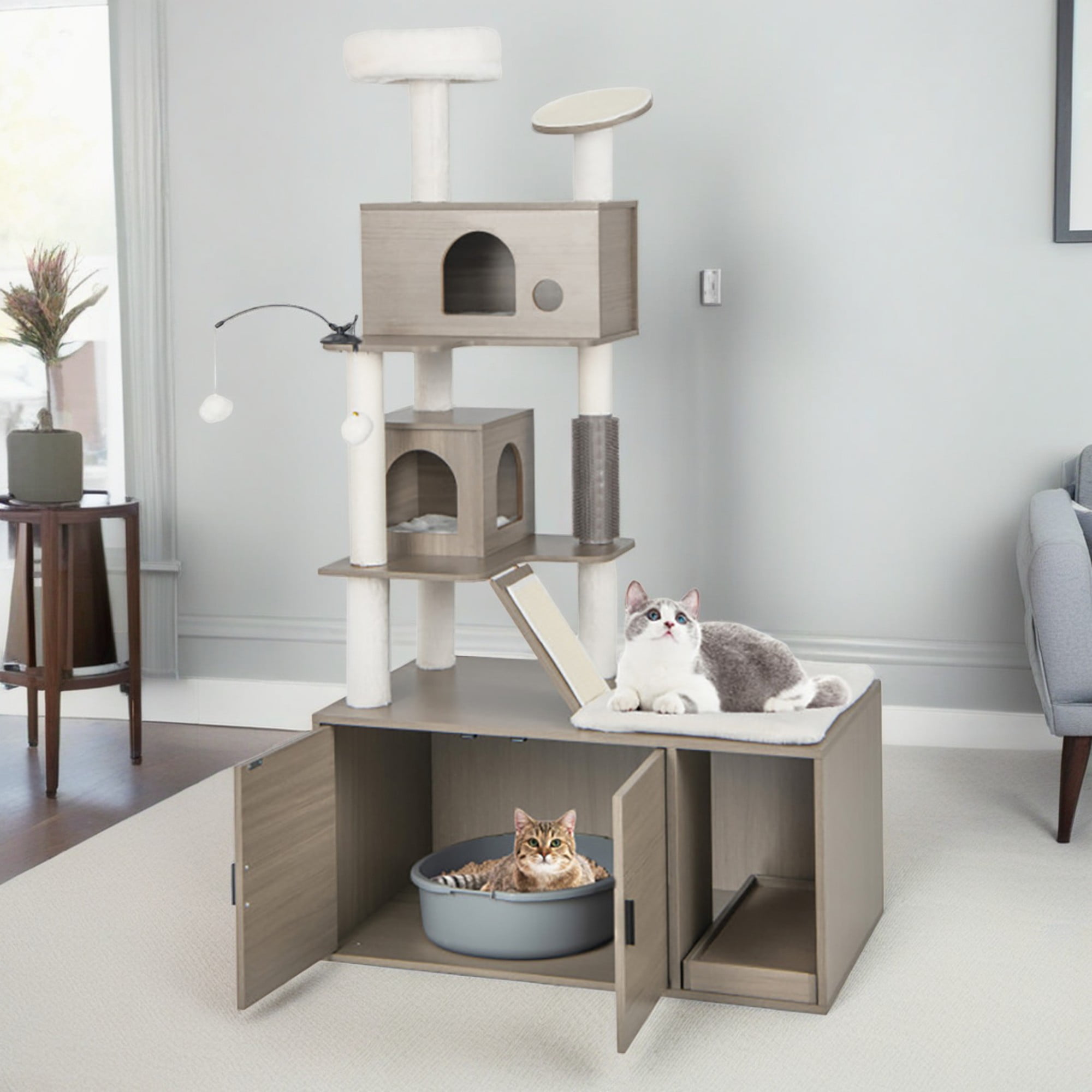 Kadyn 68" Cat Tree Tower with Litter Box Enclosure, 2-in-1 Modern Cat Tower, Cat Condo with Scratching Posts and Board, Gray