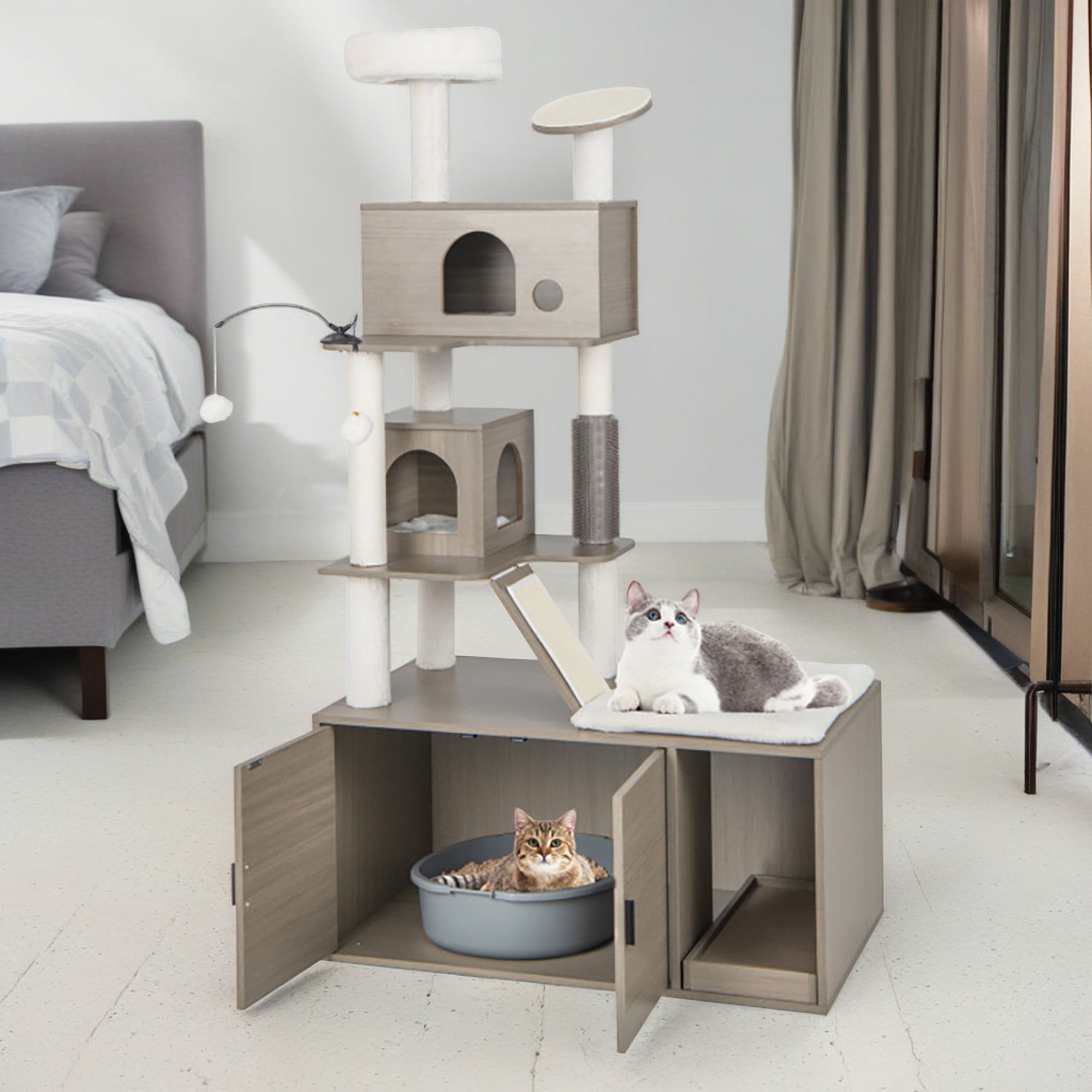 Kadyn 68" Cat Tree with Wood Litter Box Enclosure, All-in-one Indoor Cat Furniture with Large Platform and 2 Condo, Modern Style Cat Tower, Gray