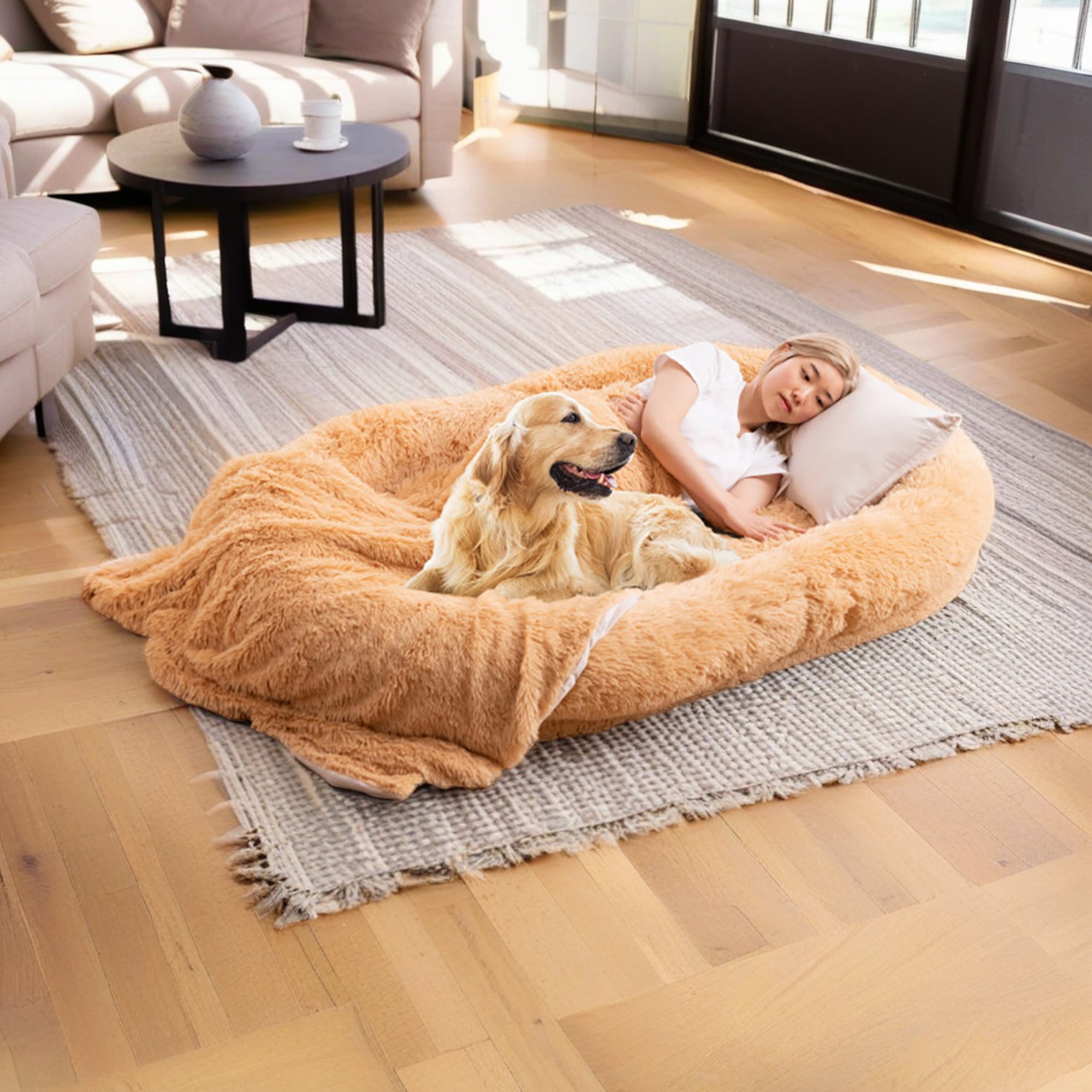 Kadyn 68" Large Plush Dog Sofa with Soft Blanket and Plump Pillow, Stylish Washable Fluffy Human Dog Bed Pet Couch Furniture, Beige