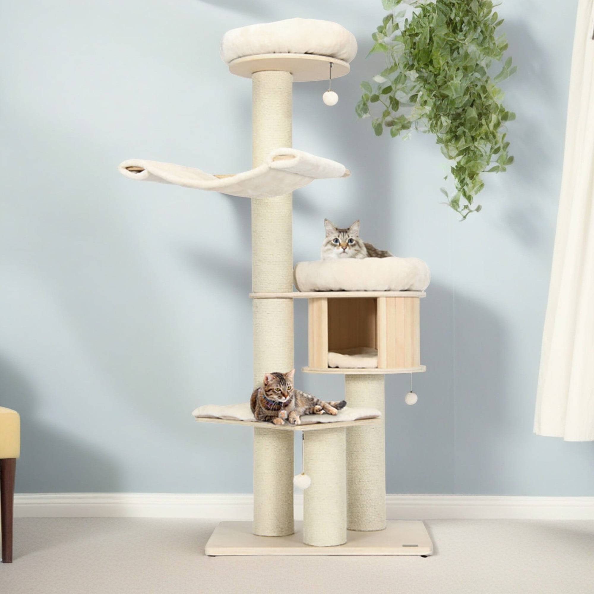 resenkos 68" Modern Cat Tree Tower for Indoor Cats, Large Wood Cat Condo with Scratching Post and Removable Pads for Small Large Cats, Beige