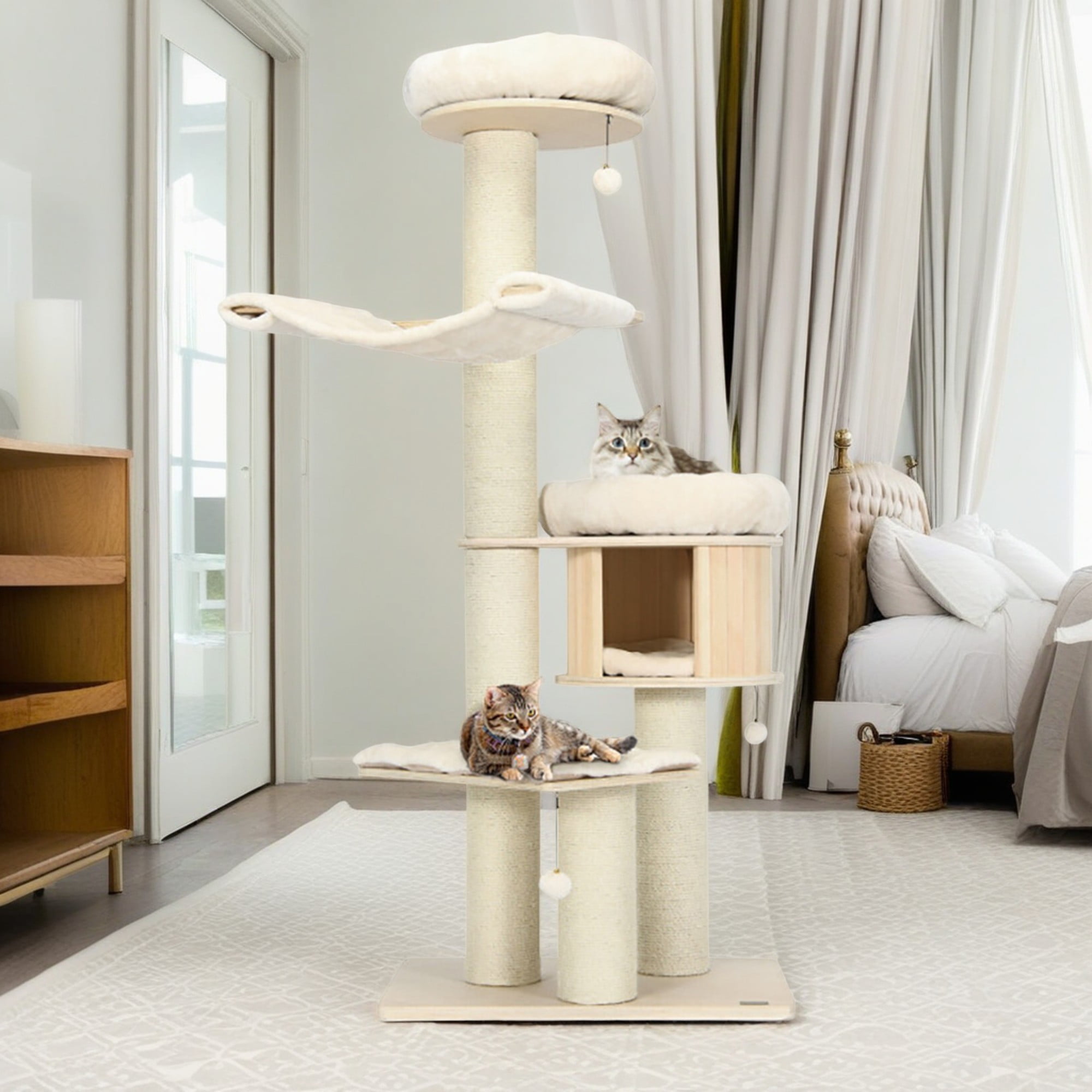 Kadyn 68" Wood Cat Tree Tower for Indoor Cats, Multi-Level Cat Condo with Scratching Posts, Perch, Washable Removable Cushions, Cat Furniture, Beige