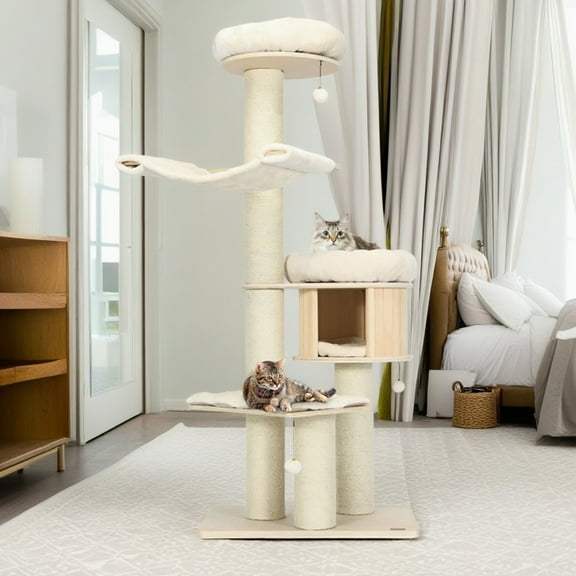 Demi Bonn 68" Wood Cat Tree Tower for Indoor Cats, Multi-Level Cat Condo with Scratching Posts, Perch, Washable Removable Cushions, Cat Furniture, Beige