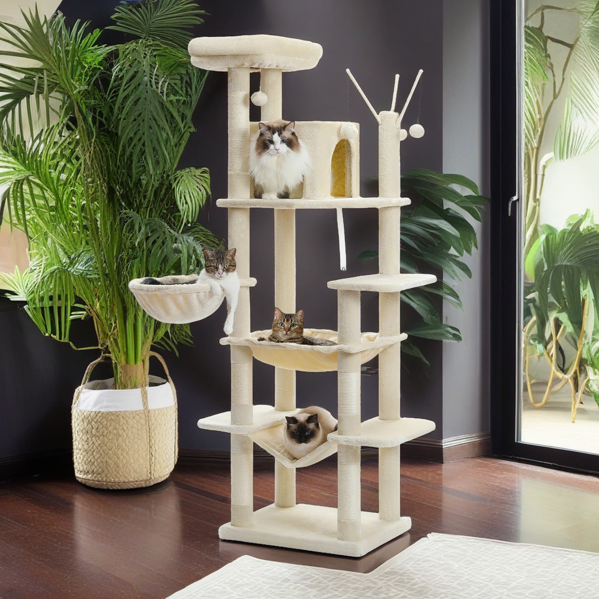 Kadyn 69" Cat Tree Tower for Indoor Large Cats, Fat Cats with Big Hammock, Cat Climbing Tree with Scratching Posts, Condo House and Top Perch, Beige