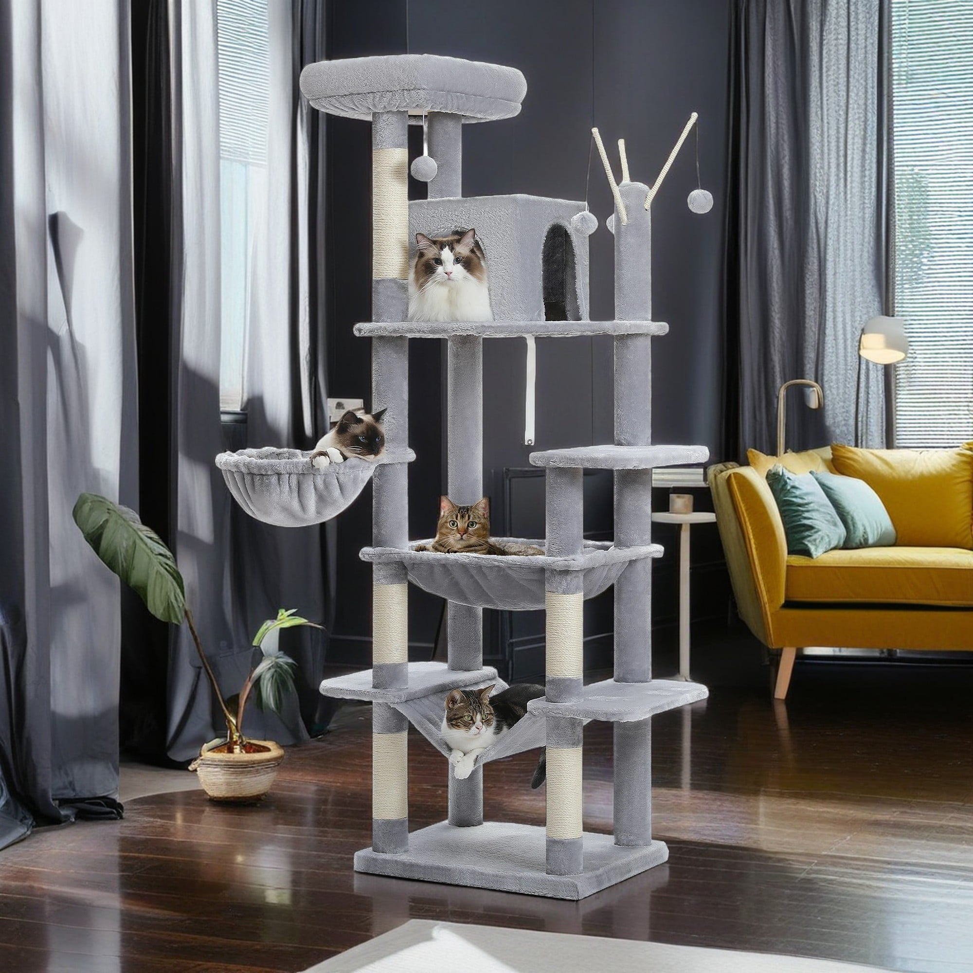 resenkos 69" Cat Tree Tower for Indoor Large Cats, Fat Cats with Big Hammock, Cat Climbing Tree with Scratching Posts, Condo House and Top Perch, Gray