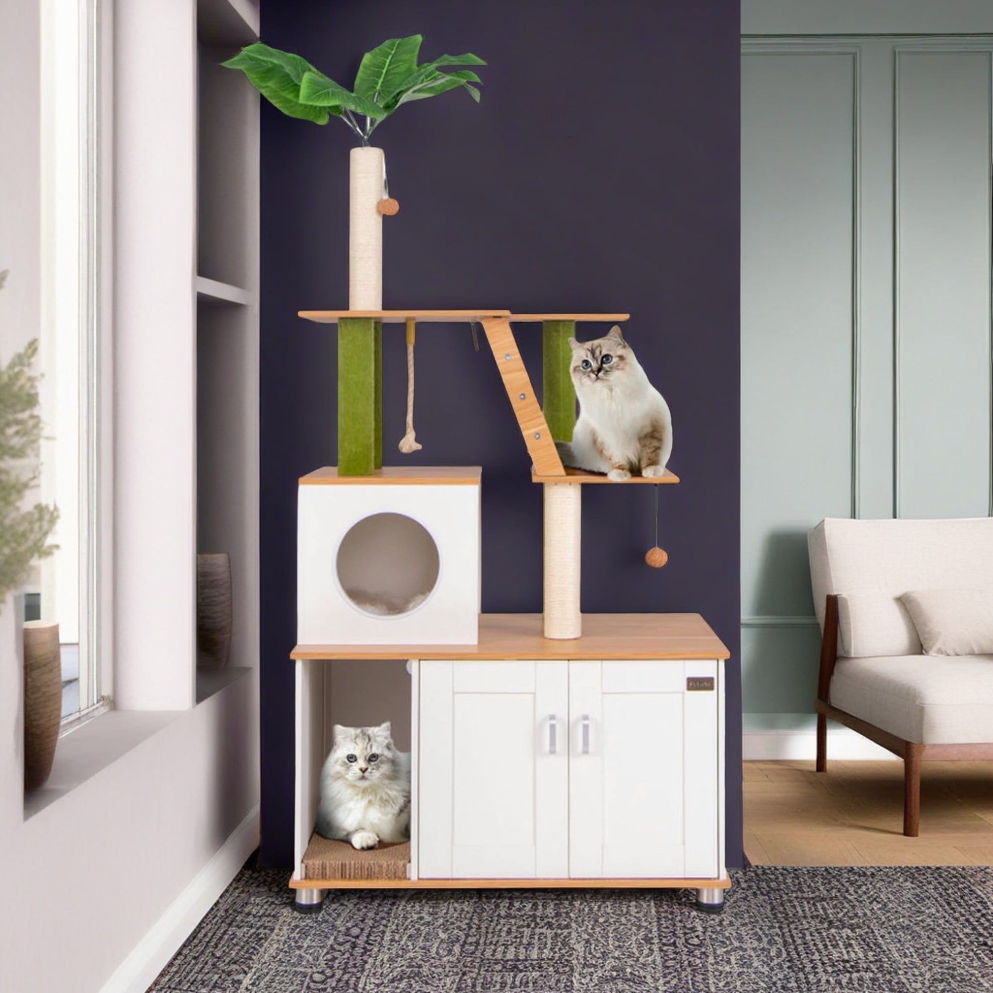 resenkos 69" Cat Tree Tower with Litter Box Enclosure, 2-in-1 Modern Cat Condo with Scratching Posts, Washable Cushions, Hidden Cat Washroom, White