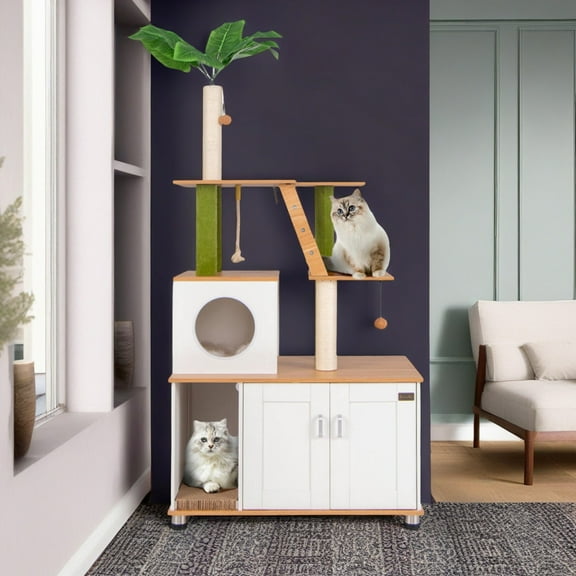 Demi Bonn 69" Cat Tree Tower with Litter Box Enclosure, 2-in-1 Modern Cat Condo with Scratching Posts, Washable Cushions, Hidden Cat Washroom, White