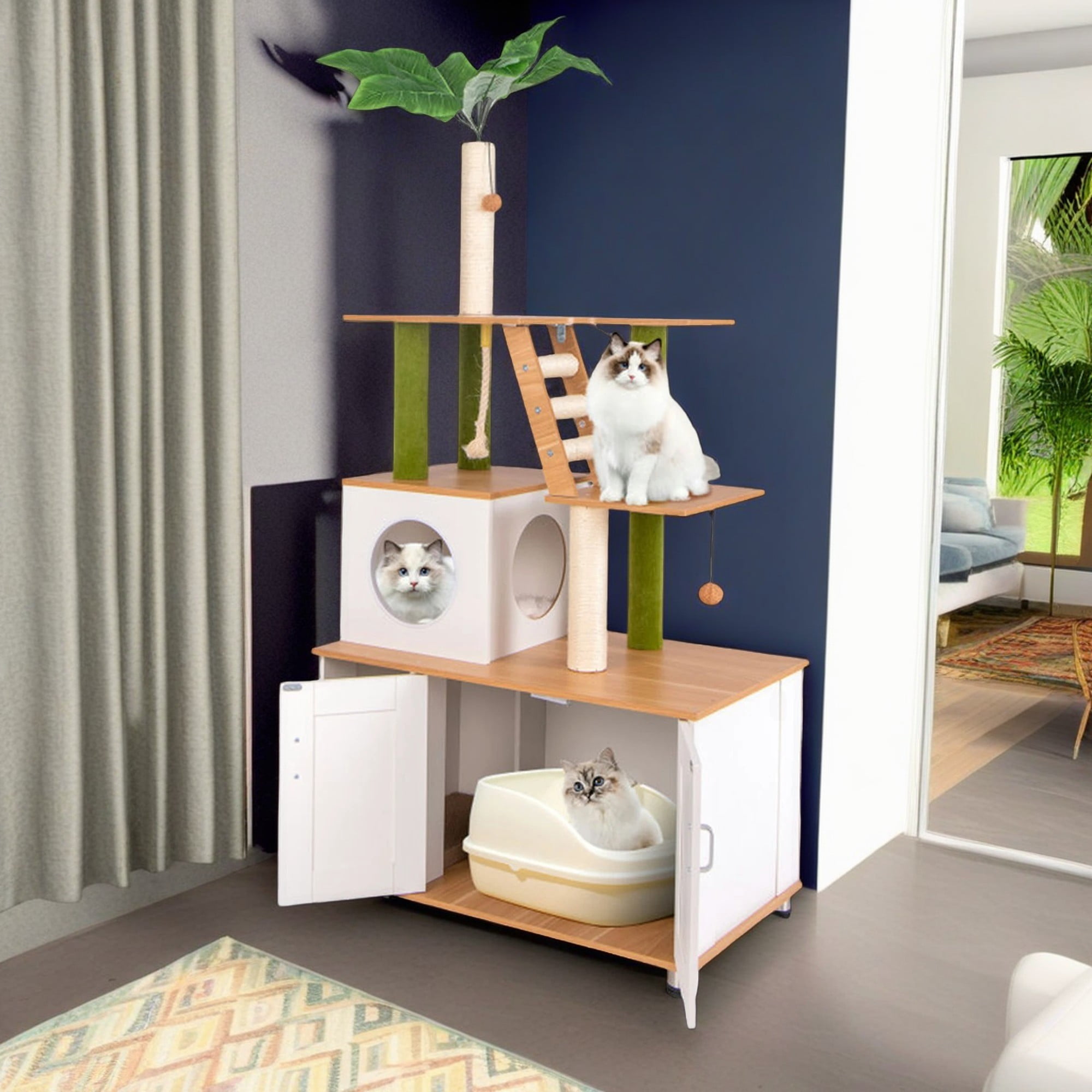 resenkos 69" Cat Tree with Litter Box Enclosure, Modern Cat Tower for Indoor Cats with Condo, All-in-one Cat Washroom Furniture, White