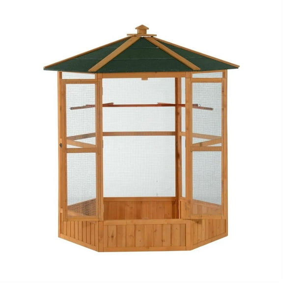Demi Bonn 69" Height Wooden Outdoor Flight Bird Cage Aviary with Covered Roof for Parrots Conures Lovebird Cockatiel Parakeets, Brown