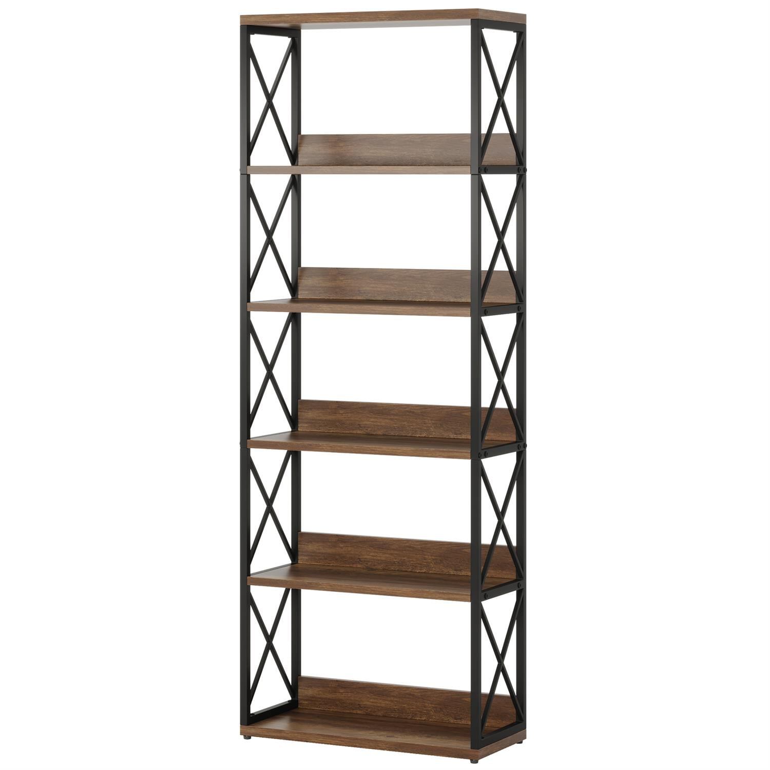 Demi Bonn 69" Industrial 5-Tier Wooden Metal Bookcase Storage Shelf, Home Office Storage Solution, Strong & Durable, Brown