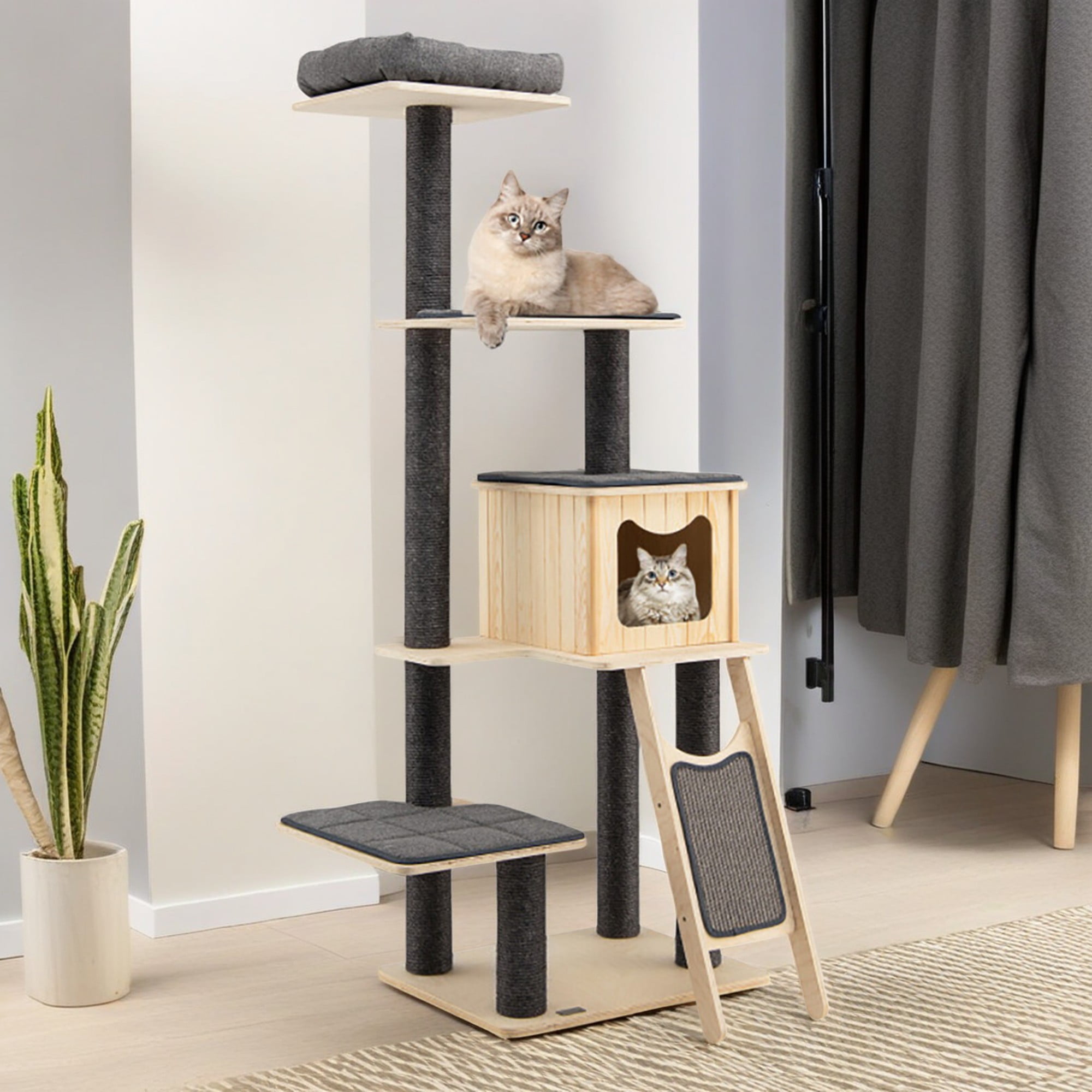 resenkos 69" Large Wooden Cat Tree Tower with Wood Cat Condos, Large Perch and Totally Wrapped Sisal Posts, Modern Cat Tree House, Gray