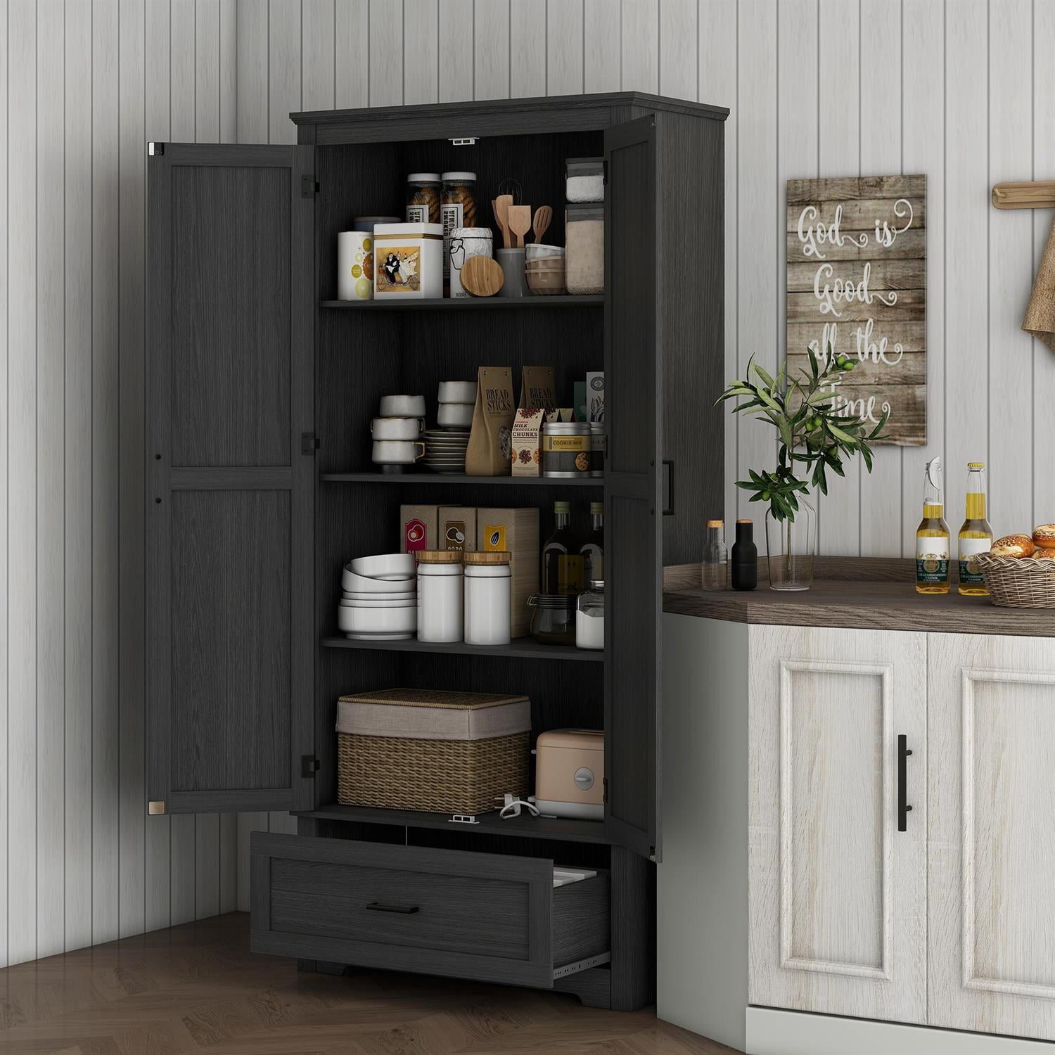 Demi Bonn 69" Tall Kitchen Pantry Cabinet with 2 Doors, Drawer & Adjustable Shelves - for Dining Room Storage, Strong & Durable Wood Construction, Black