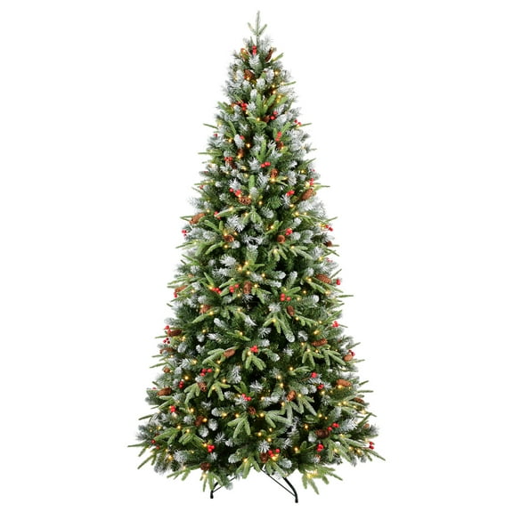 Demi Bonn 6ft LED Christmas Tree with 1593 Mixed Branch Tips, Vibrant Red Fruit & Pinecones, Foldable Base, Hinged Xmas Tree for Indoor Holiday Decorating