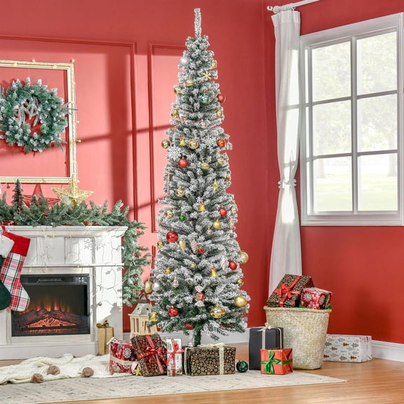 Demi Bonn 7.5' Tall Unlit Snow-Flocked Slim Artificial Christmas Tree with Realistic Branches and 738 Tips for Home, Office, Green