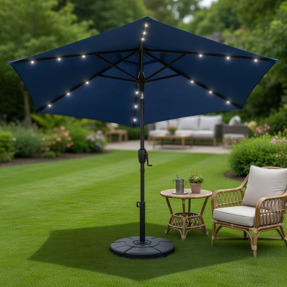 Demi Bonn 7.5FT Compact Solar Patio Umbrella, 18 Warm LED Lights Crank Lift & Push Button Tilt, Durable Weatherproof Backyard Sun Shade, Navy Blue