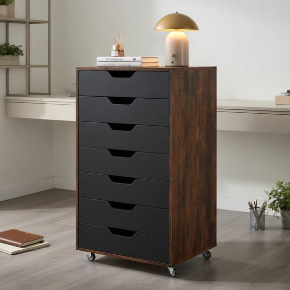 Demi Bonn 7-Drawer Wooden Storage Chest, Lockable Wheels (2 Braked), Dual Anti-Toppling, Smooth Metal Rails, Rustic Brown