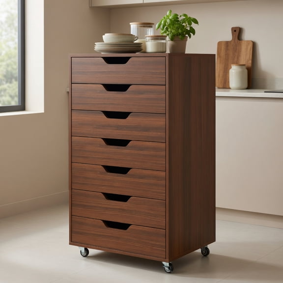 Demi Bonn 7-Drawer Wooden Storage Chest, Universal Wheels (2 Braked), Dual Anti-Toppling, Smooth Metal Rails, Walnut