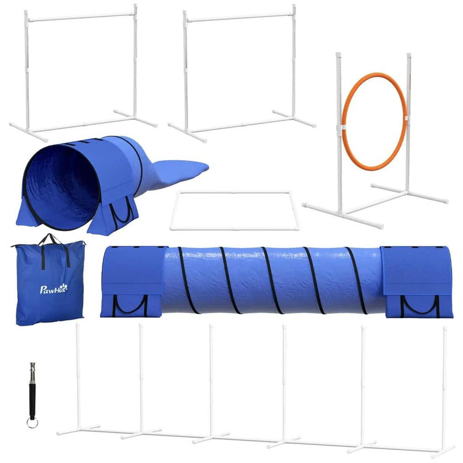 Kadyn 7 Piece Dog Agility Training Set with Tunnels, Weave Poles, Adjustable Hurdle, Jumping Ring, Pause Box for Indoor Outdoor Play, Blue